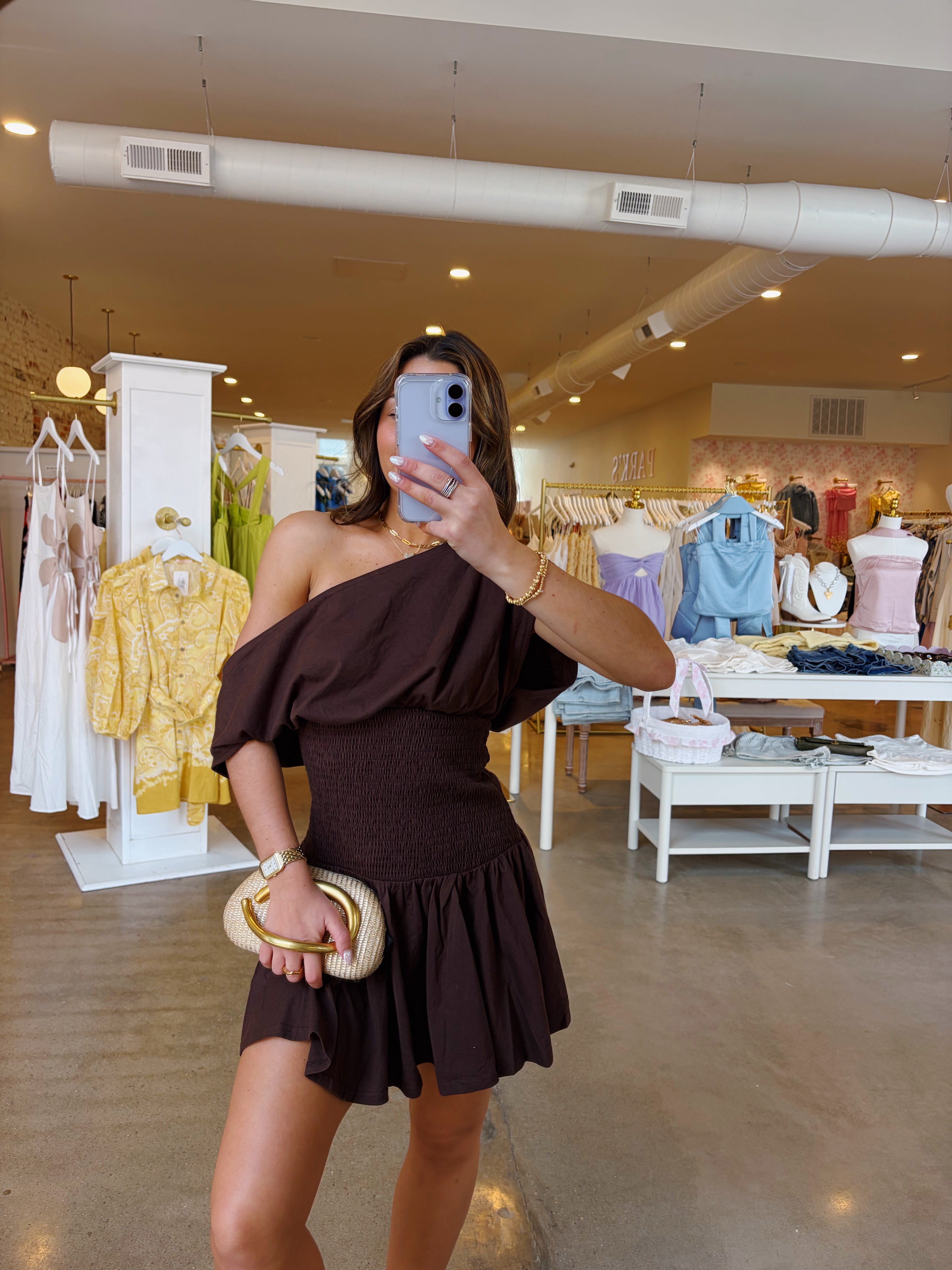 Mia Smocked Mini Dress - Brown