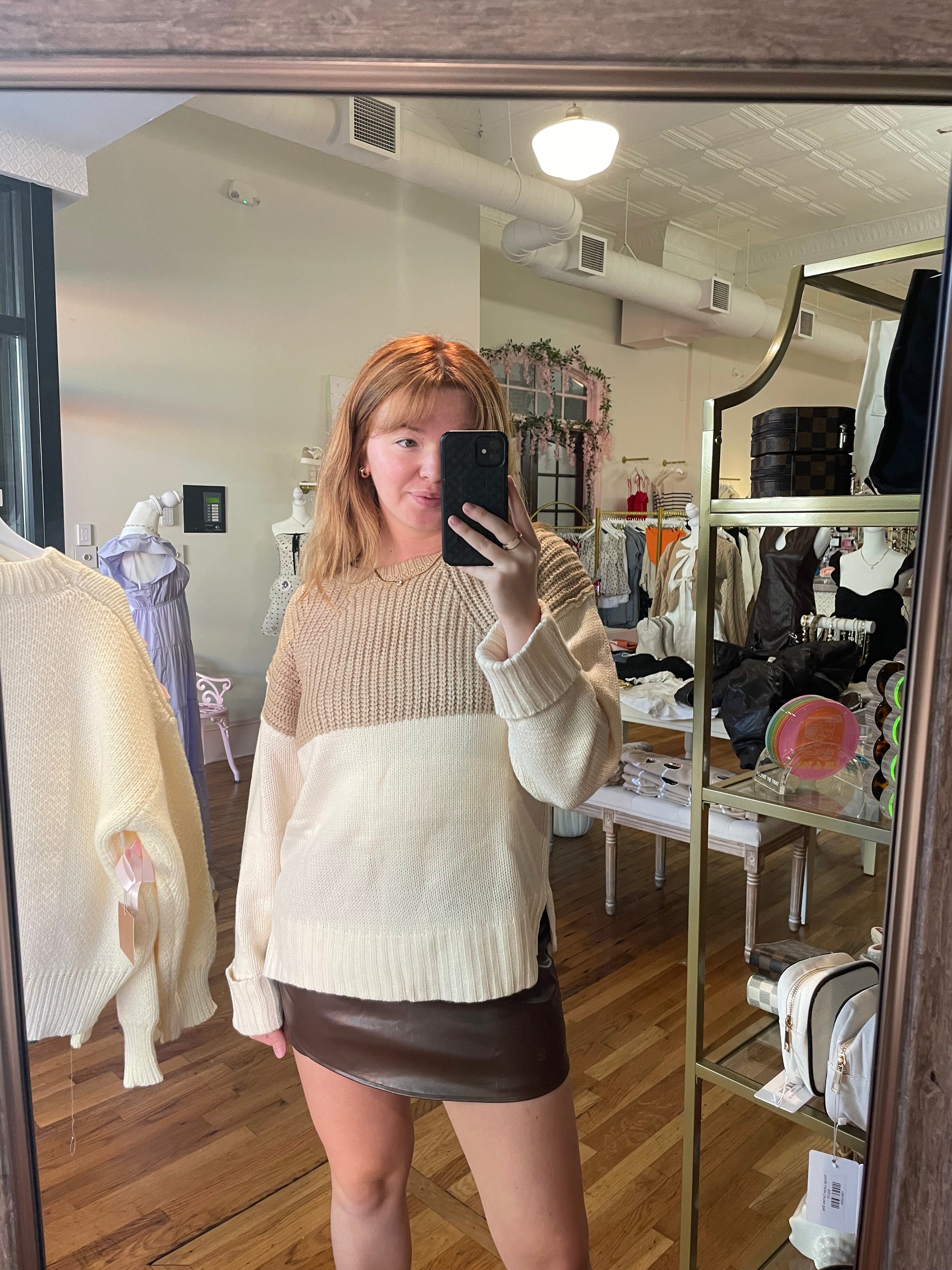 Near And Far Sweater - Taupe & Cream