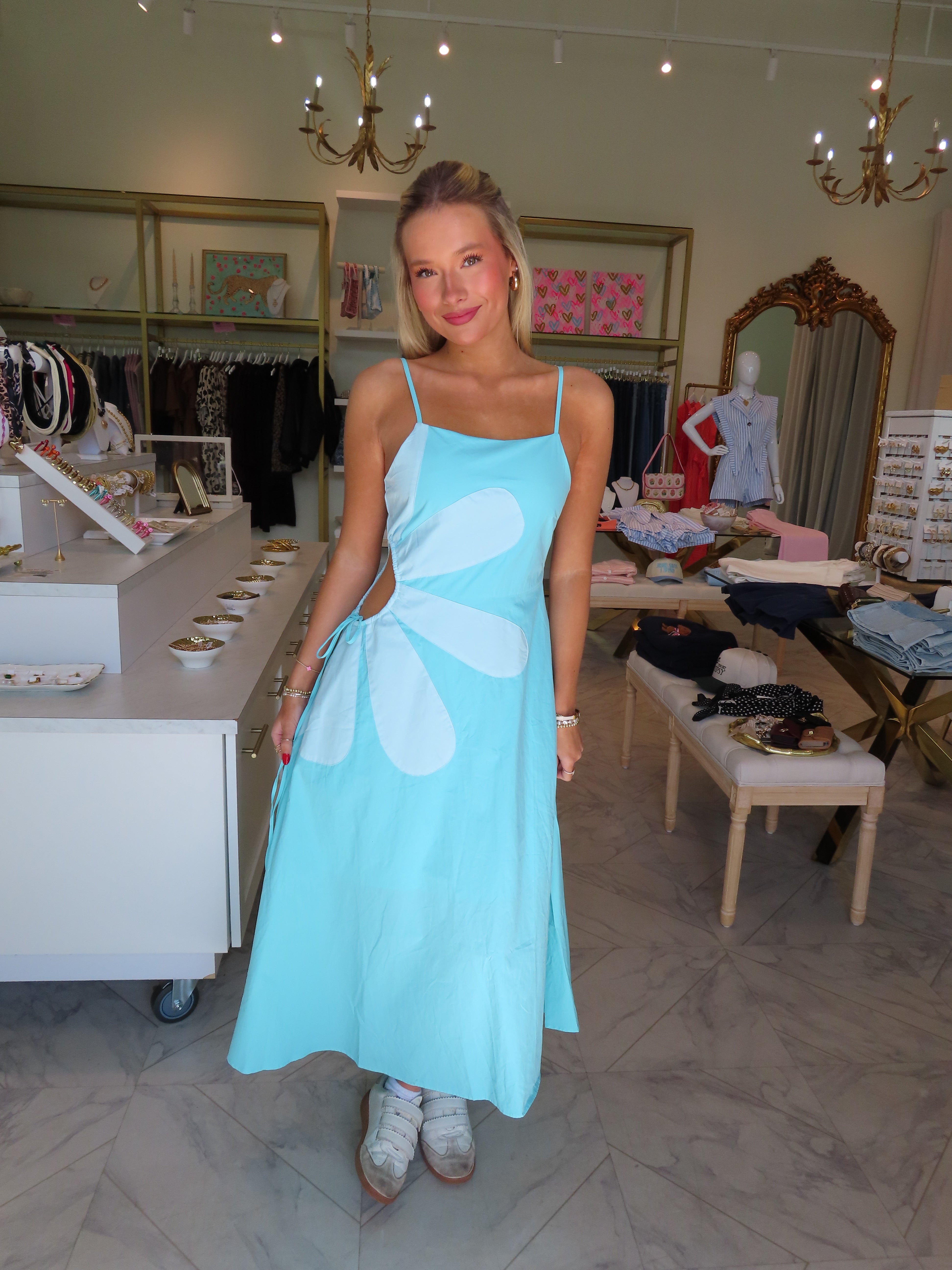 Kaitlyn Side Cut-Out Flower Detail Midi Dress - Aqua Blue