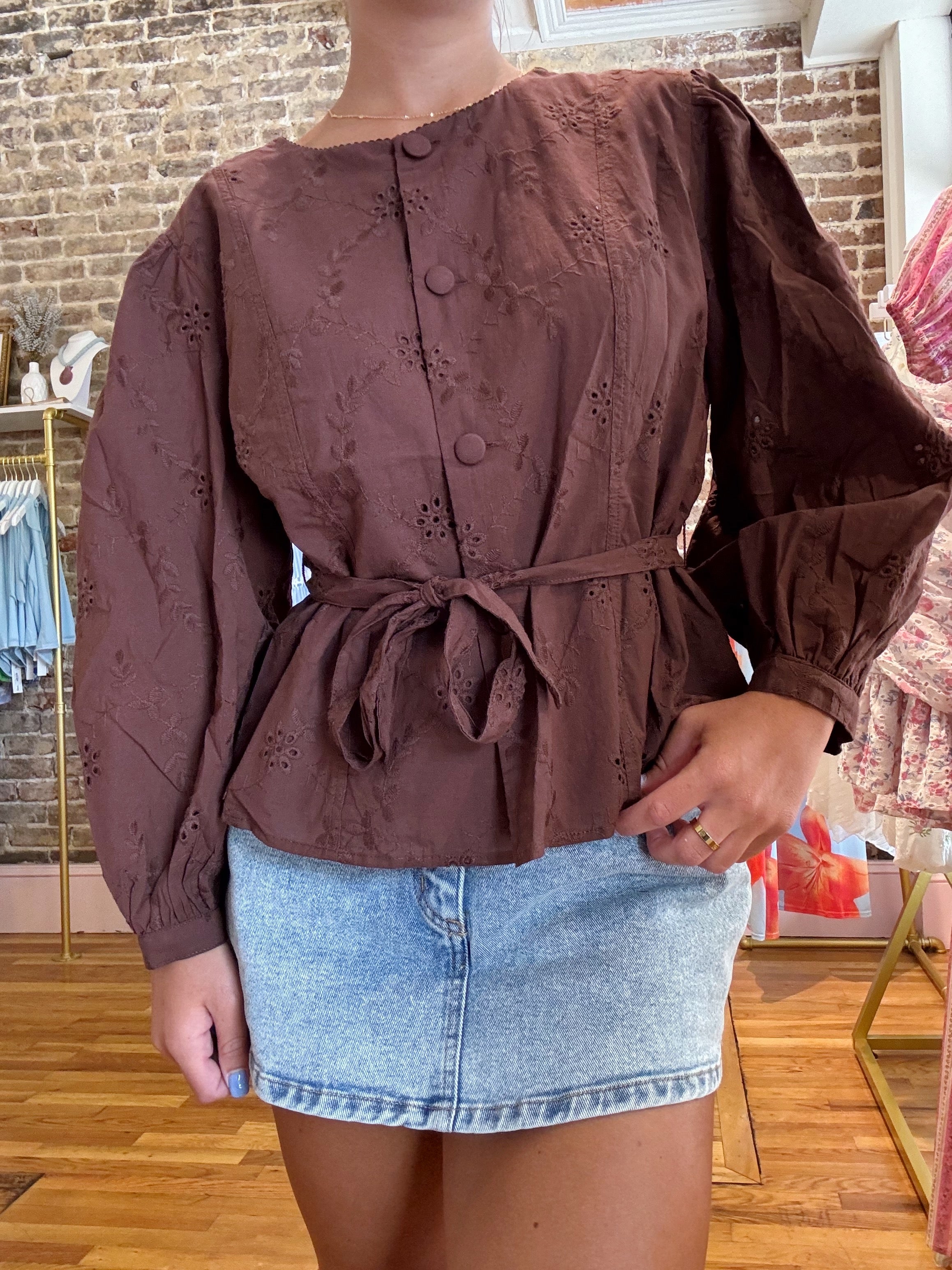 Coastal Town Eyelet Top - Brown