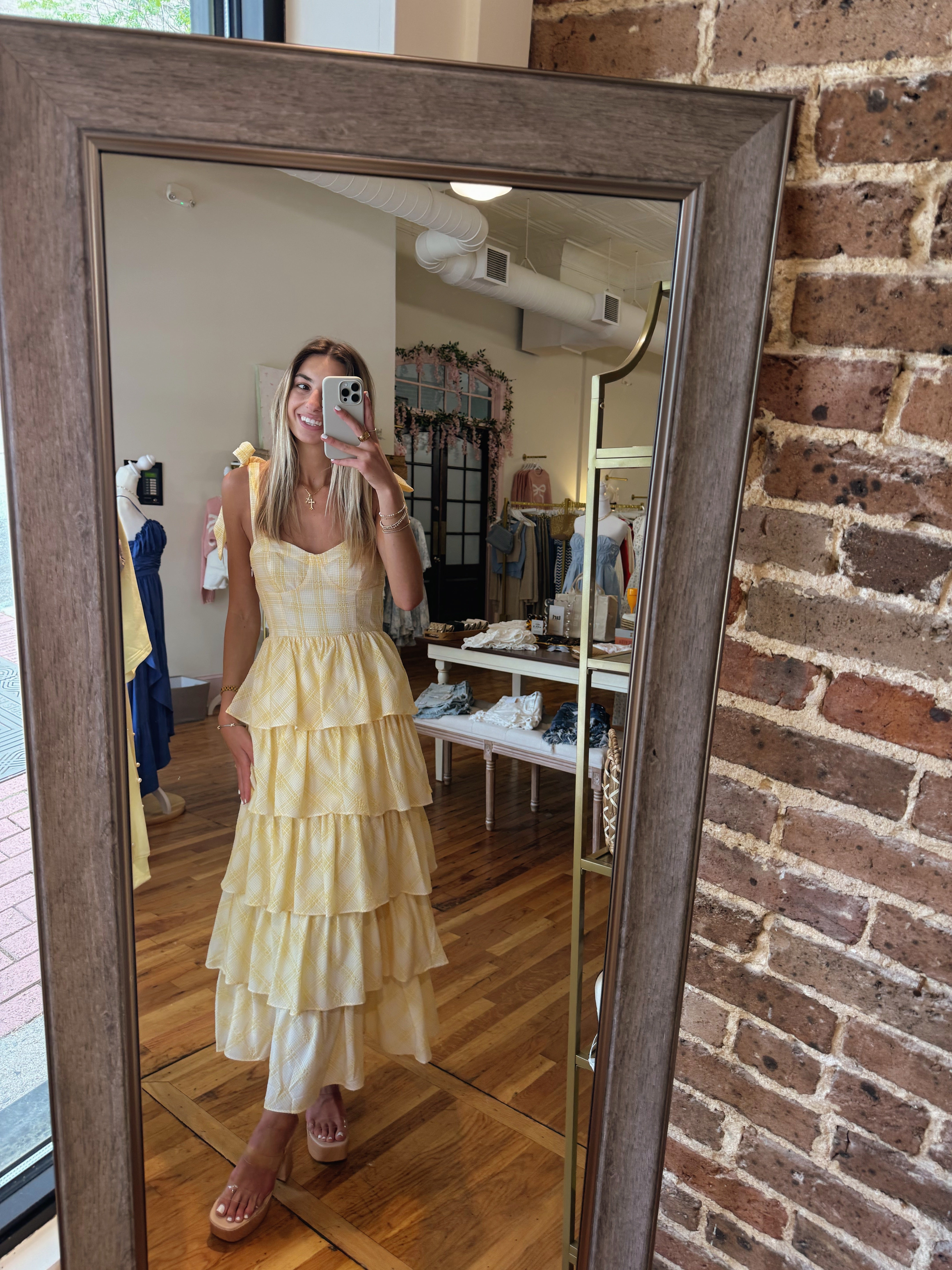 Lucinda Tiered Midi Dress - Yellow Plaid