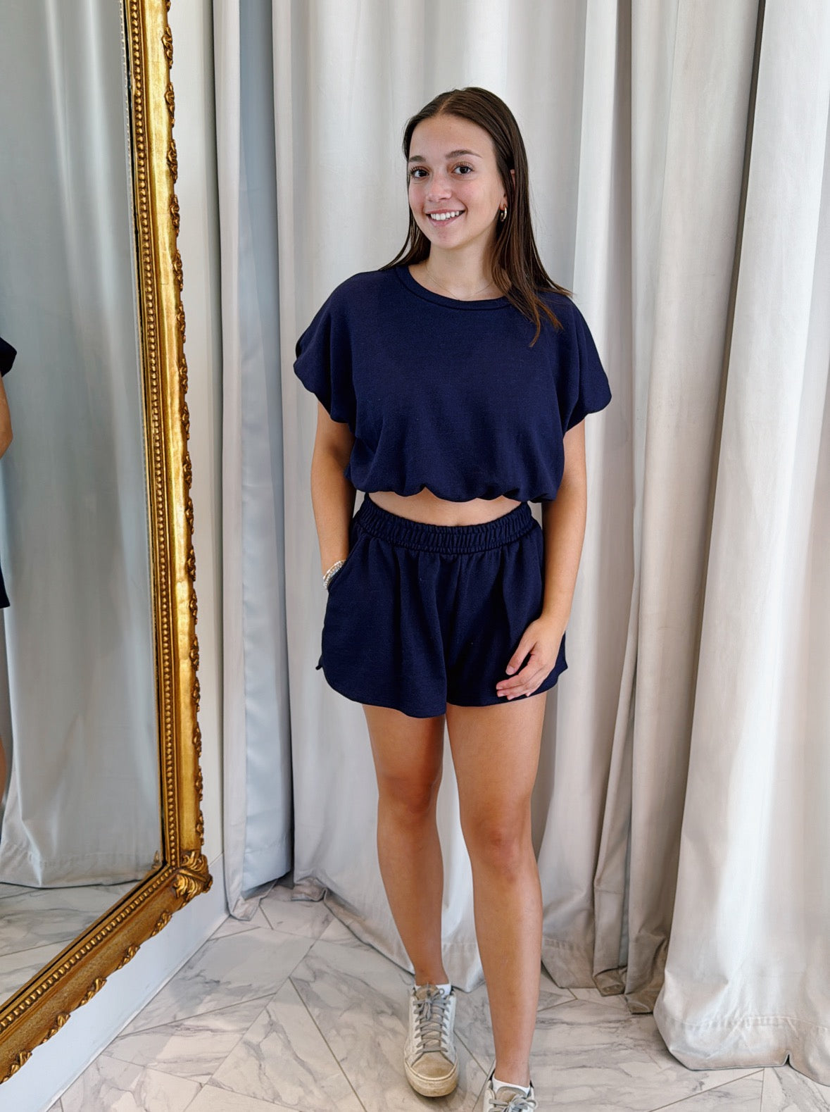 Lucy Bubble Hem Top & Shorts Set - Navy