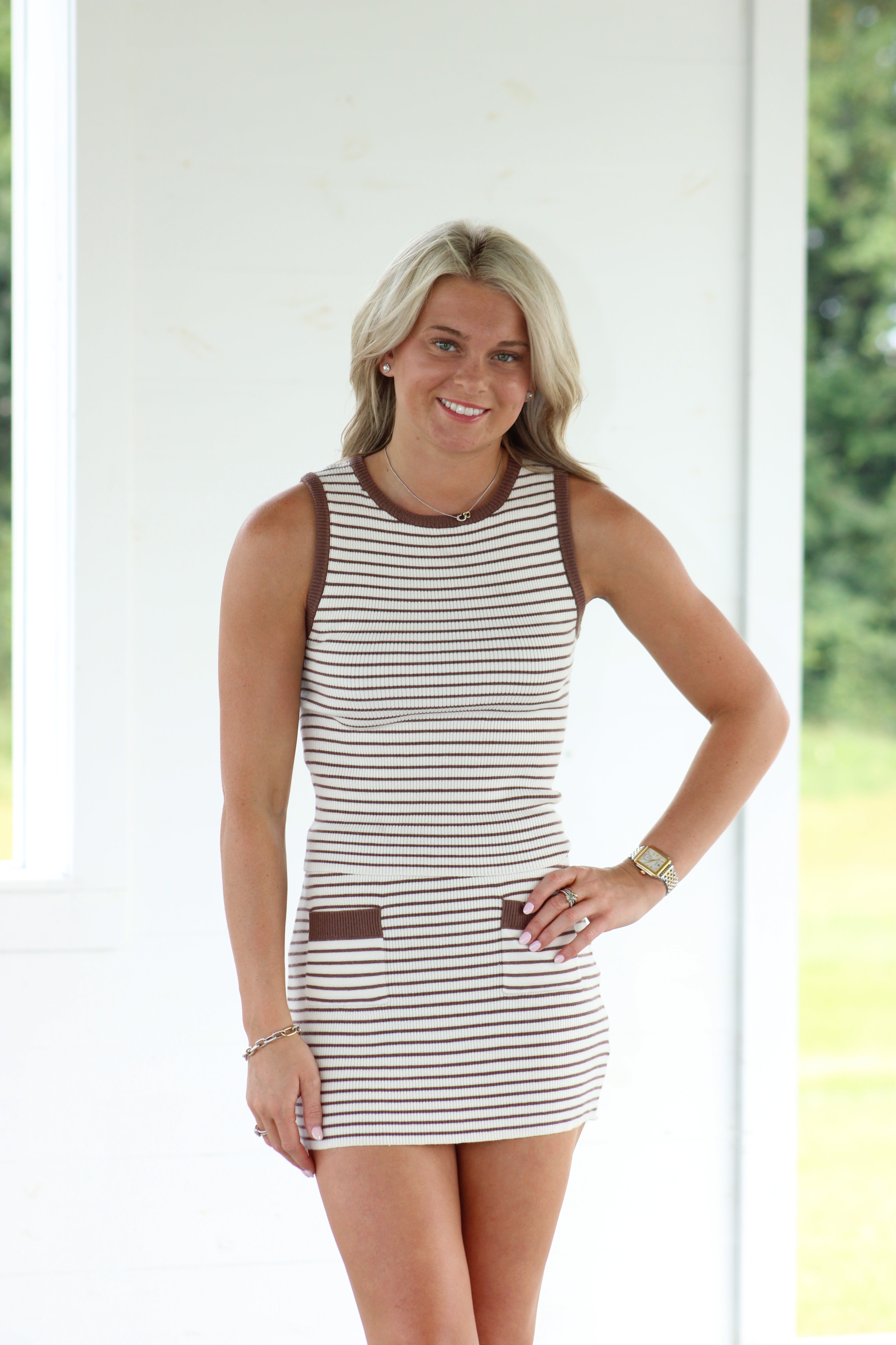 Parker Knit Top & Skirt Set - Brown & White Stripe