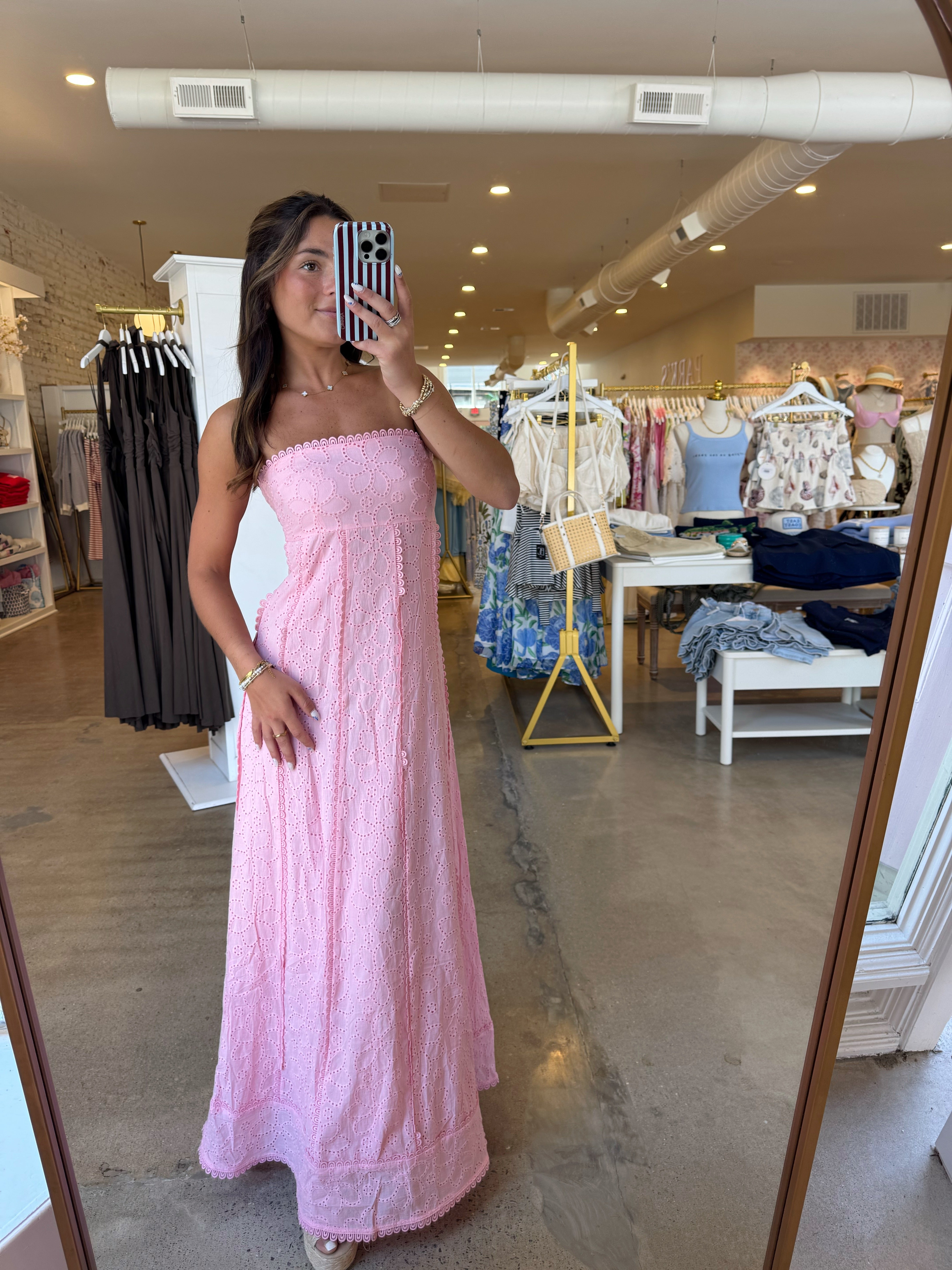 Melanie Eyelet Scalloped Trim Maxi Dress - Pink