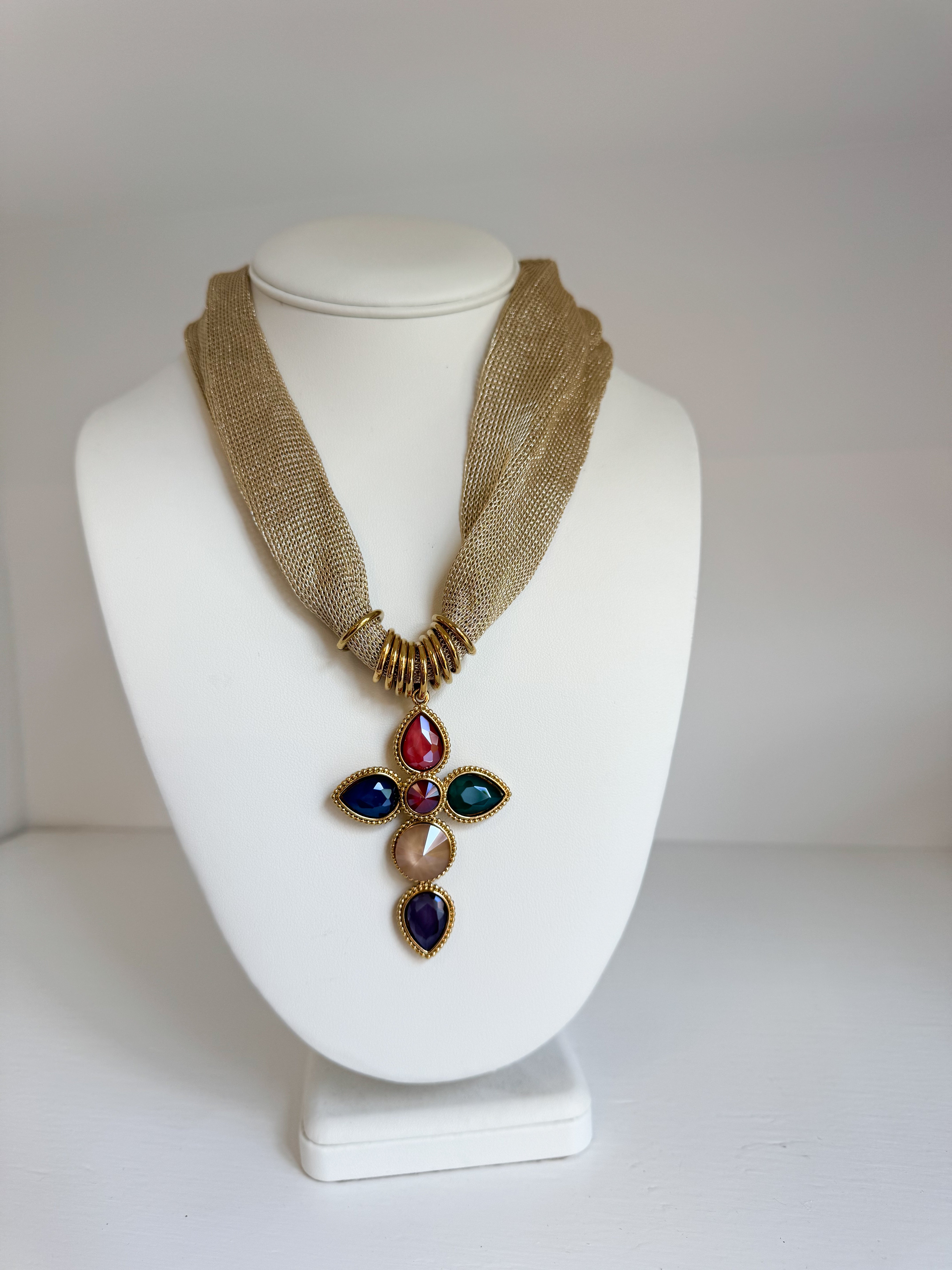 Jeweled Cross Statement Mesh Necklace - Gold Multi
