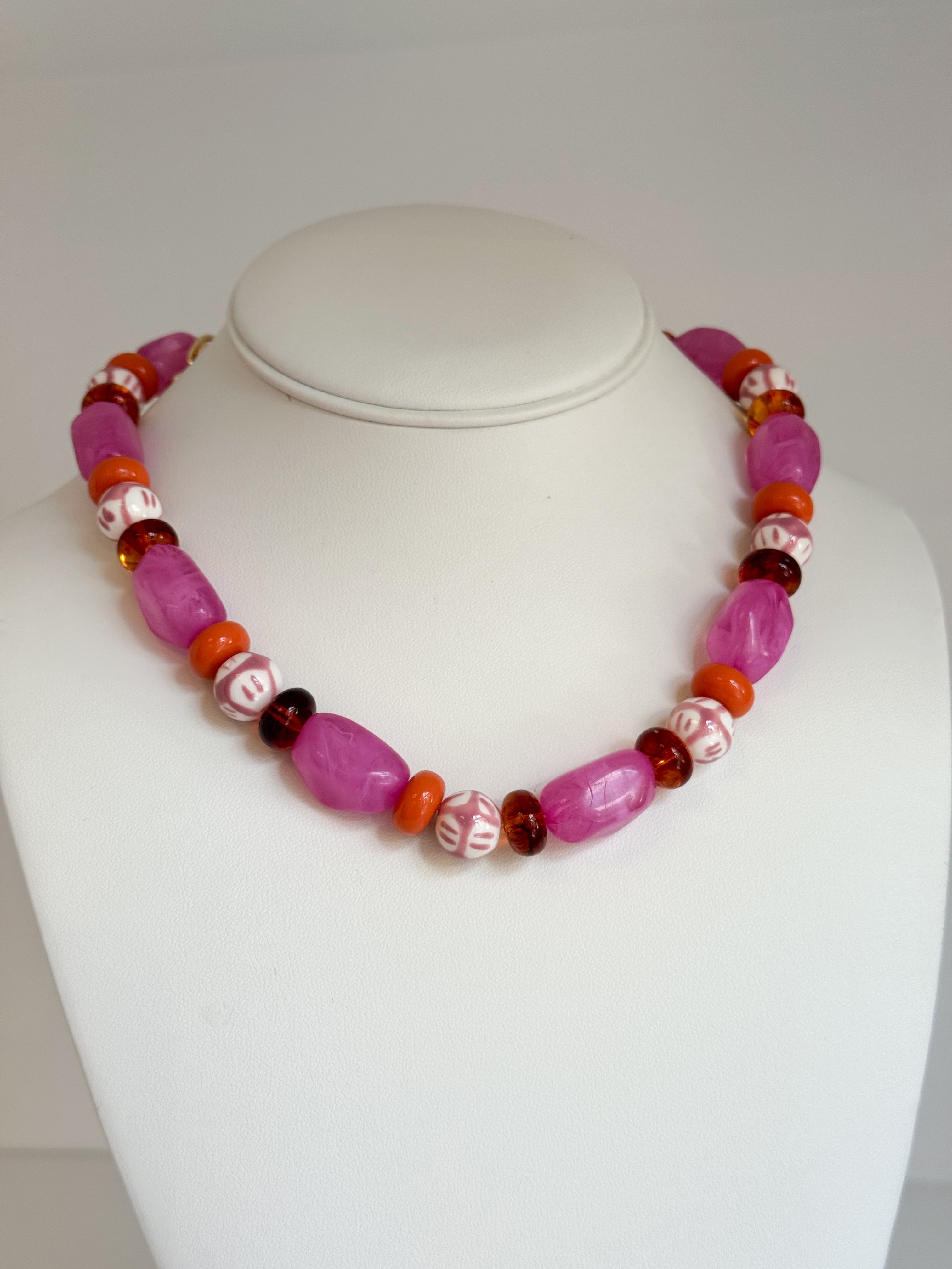Madi Bead Statement Necklace - Pink & Orange Multi