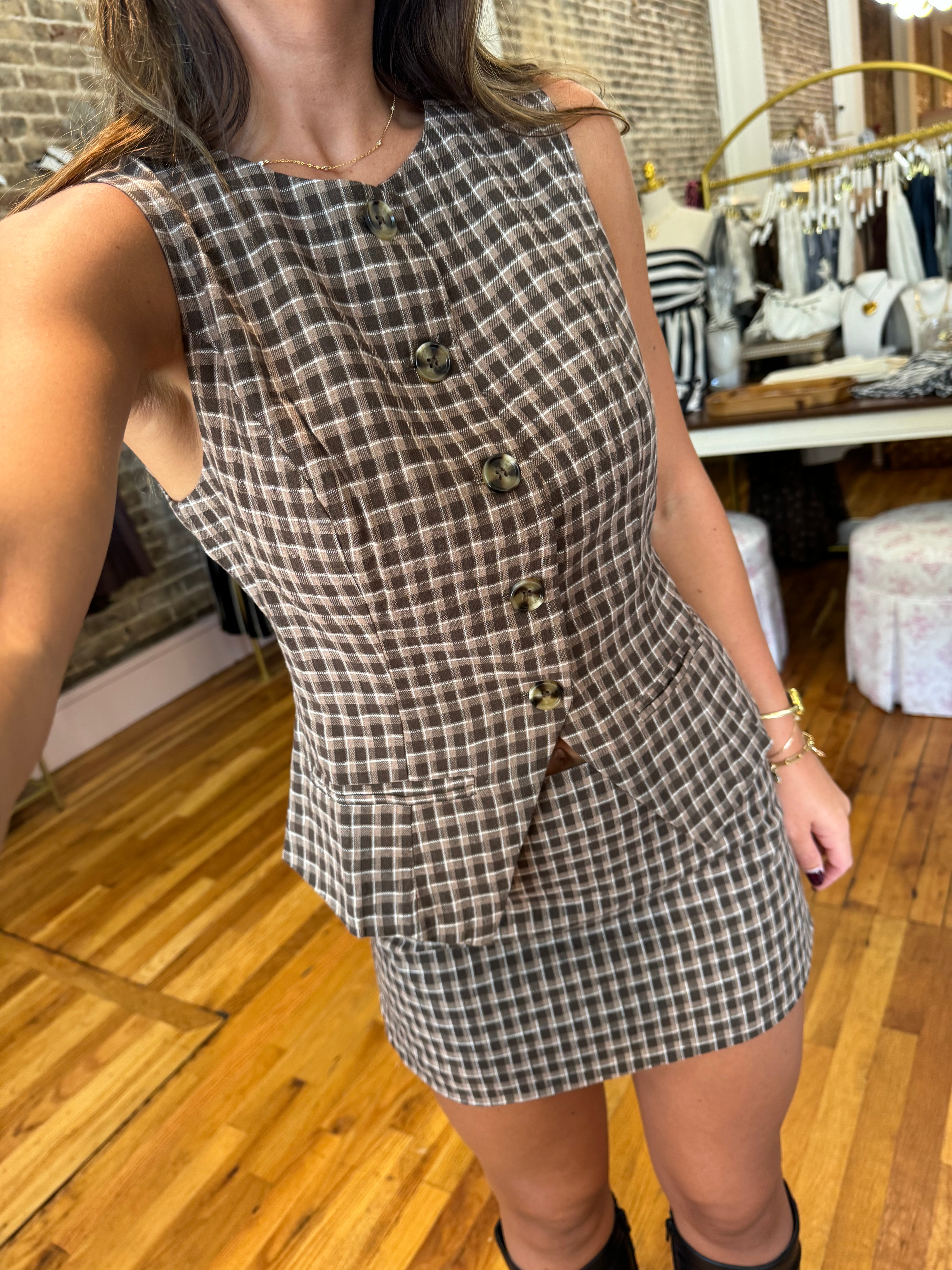 Nancy Top and Mini Skirt Set - Brown Plaid