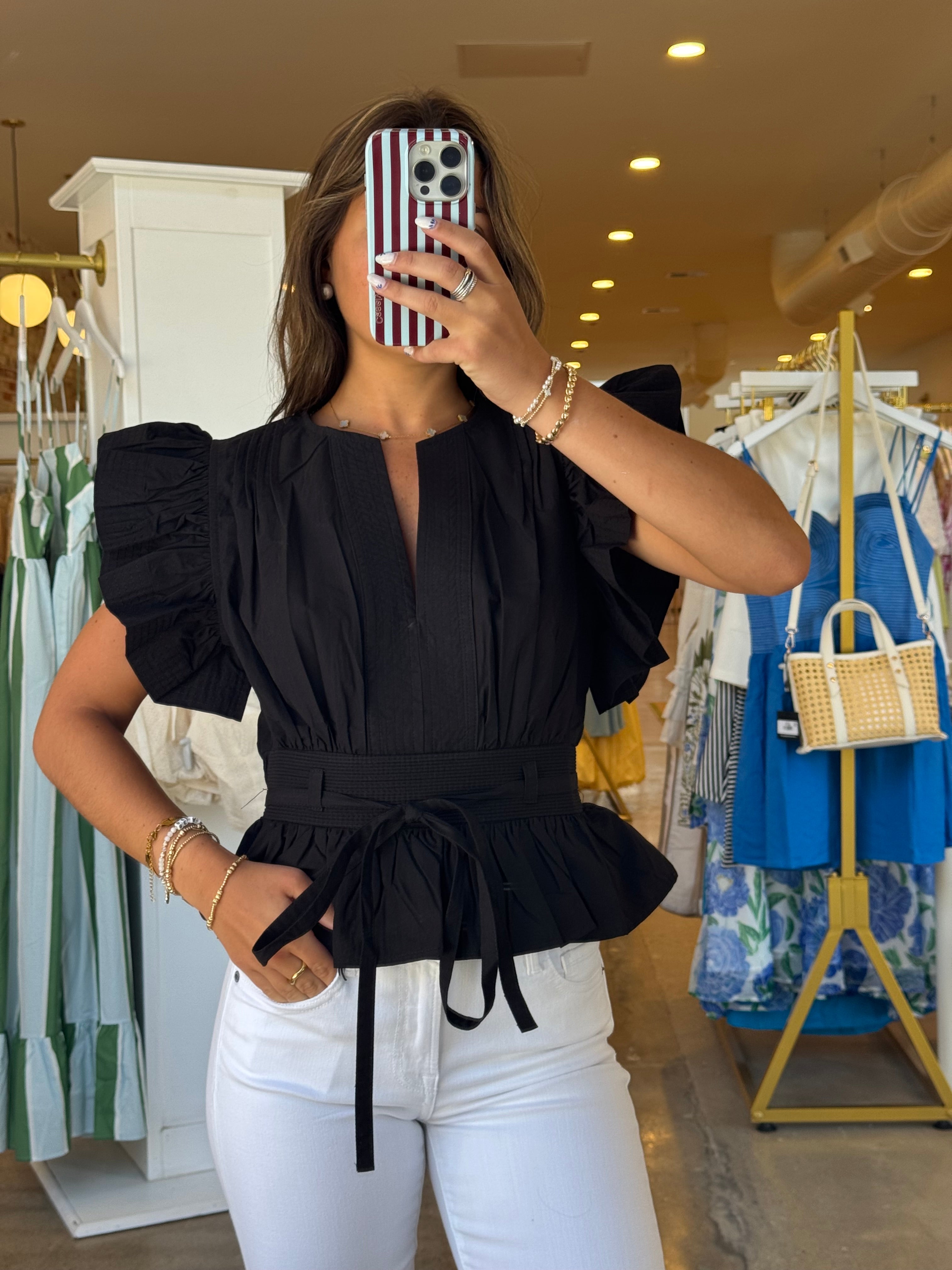Tate Ruffle Poplin Top - Black