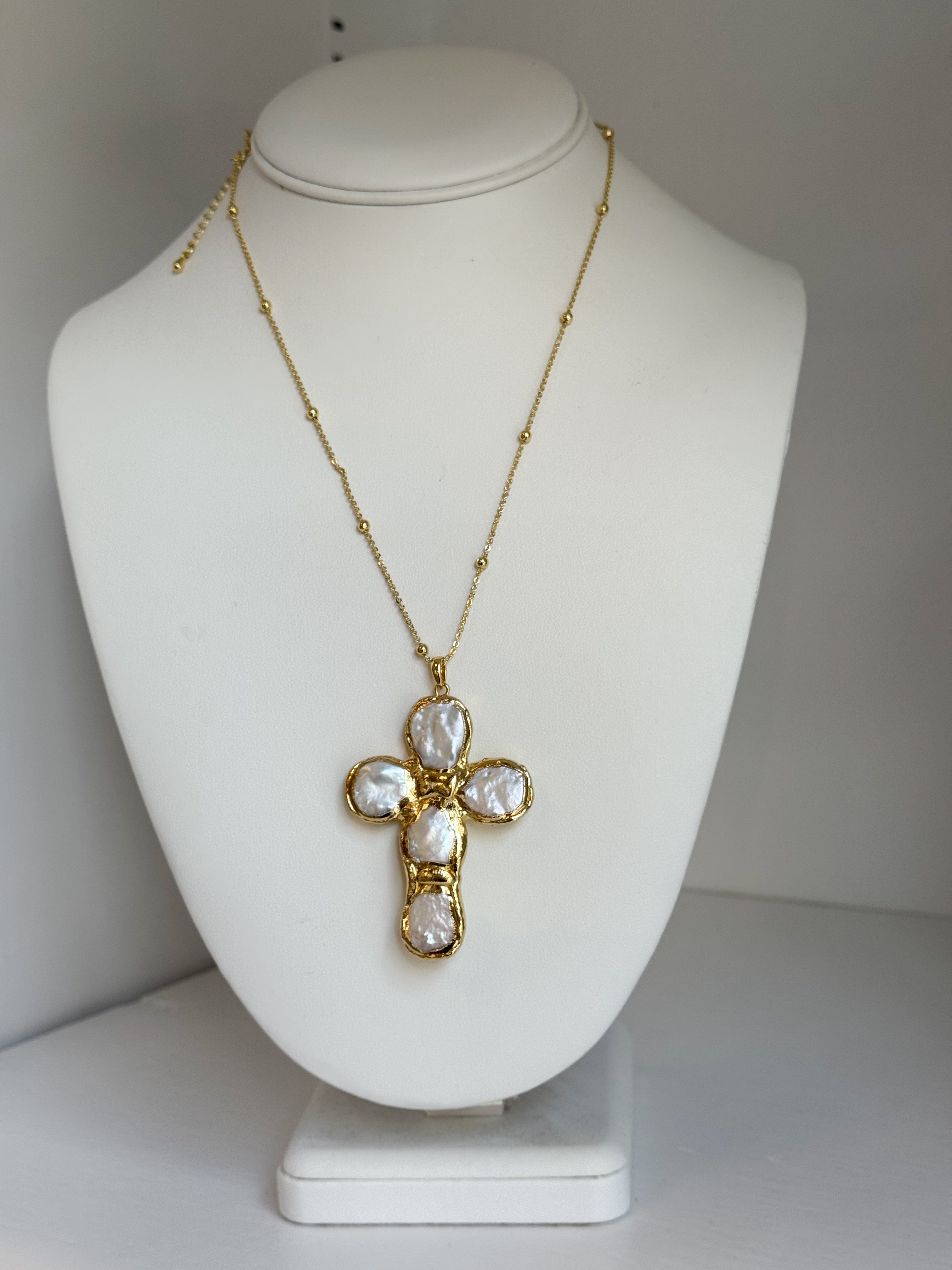 Gina Baroque Pearl Cross Pendant - Turquoise/Cream - Water Resistant