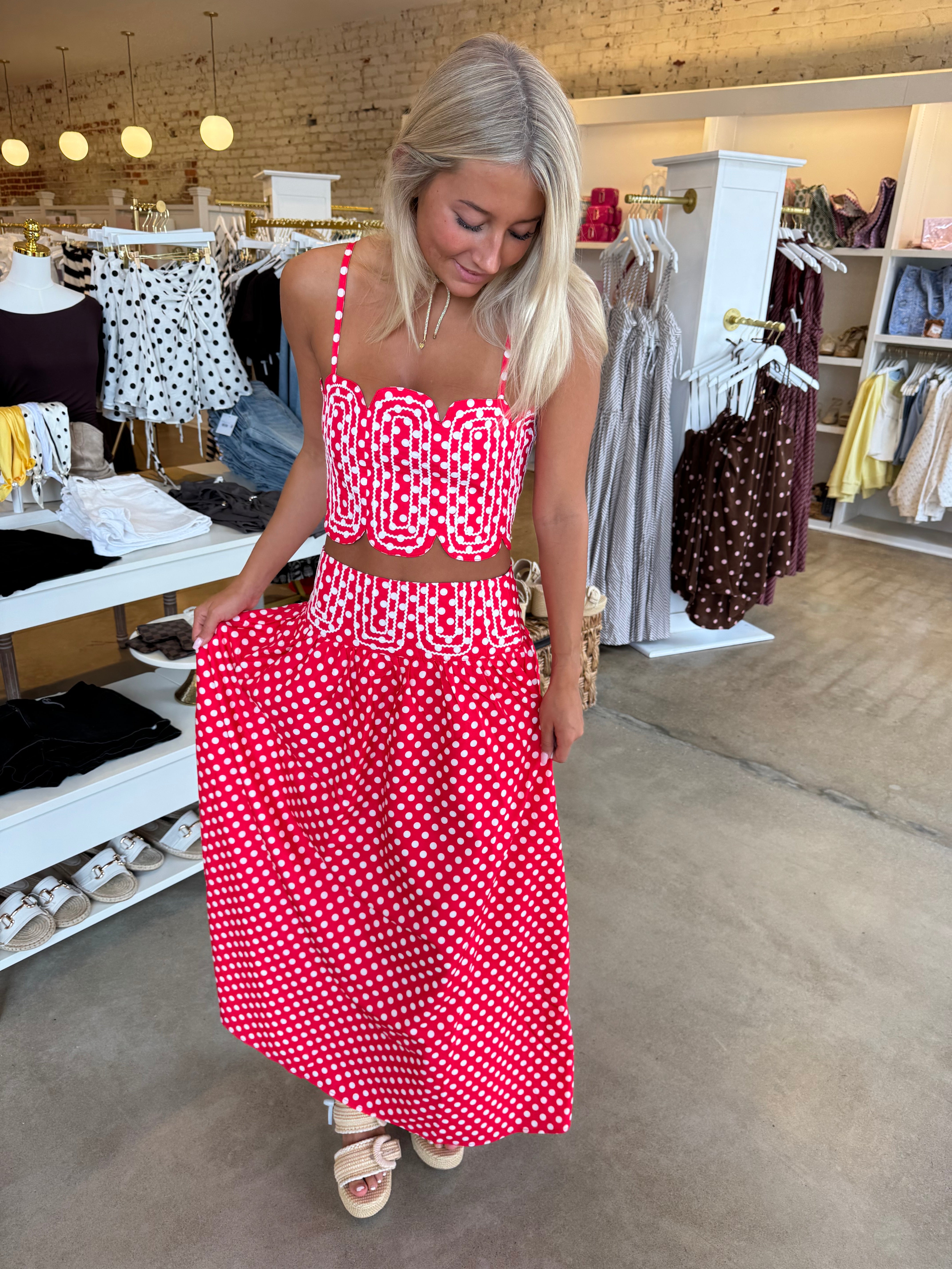 Southern Grace Embroidered Top & Midi Skirt Set - Red/WhitePolka Dot