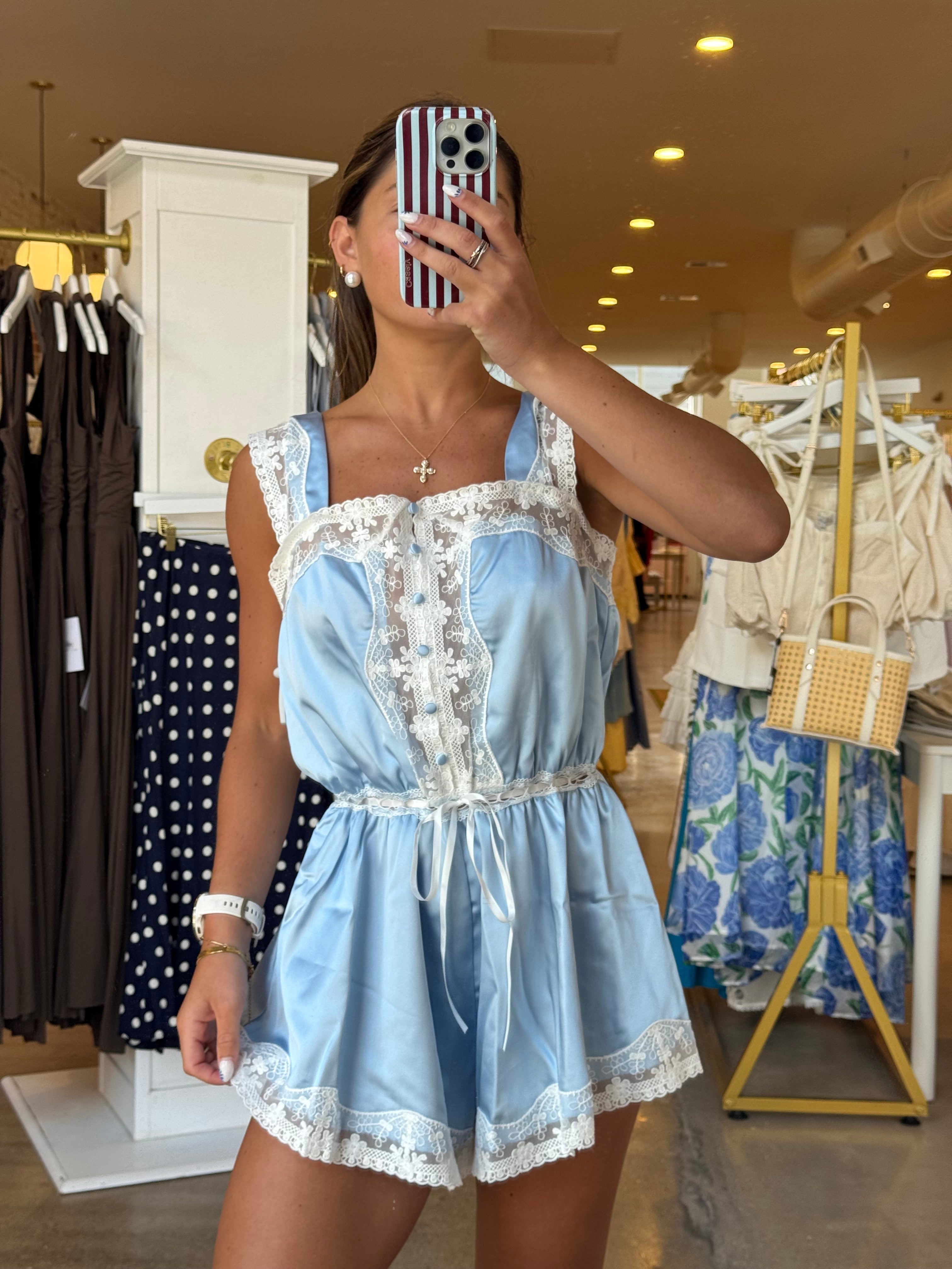 Gracie Satin Lace Trim Romper - Baby Blue