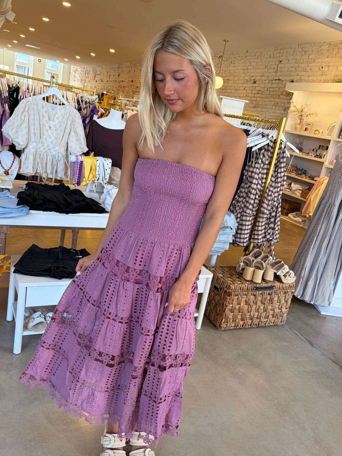 Amy Eyelet Midi Dress - Purple - RESTOCK