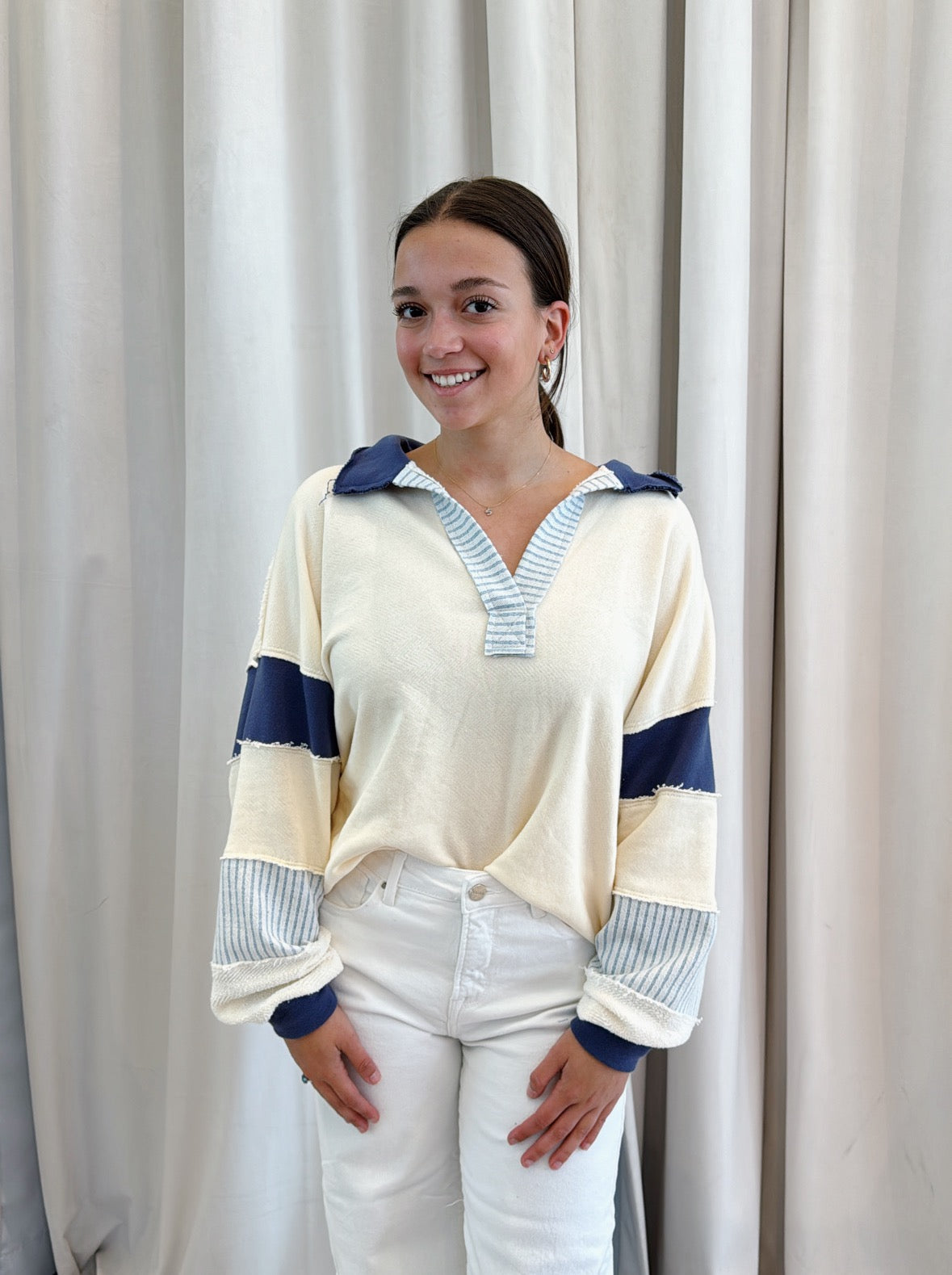 Coastal Breeze Loose Fit Sweatshirt Top - Cream/Blue