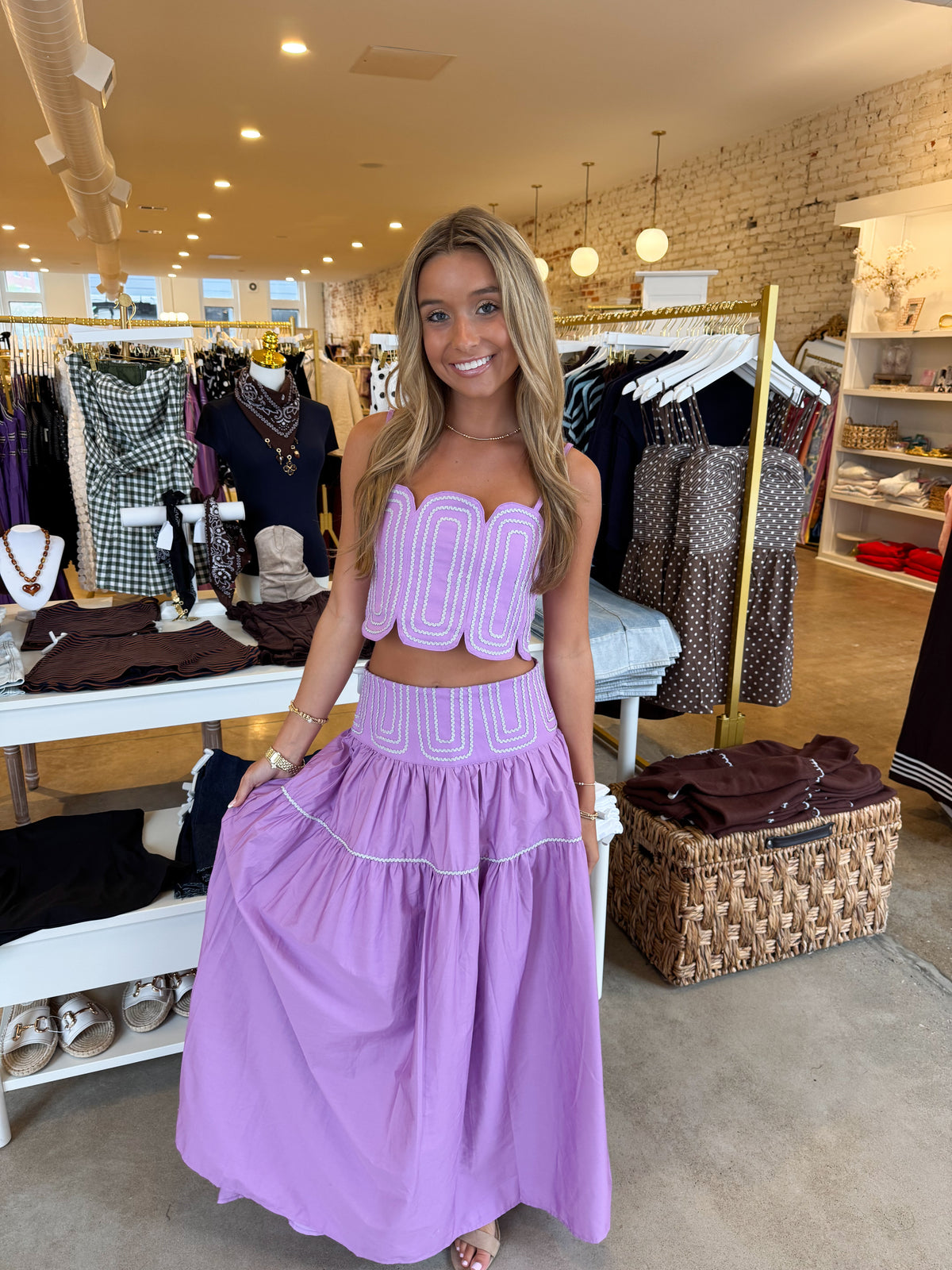 Southern Grace Embroidered Top & Midi Skirt Set - Purple/Silver