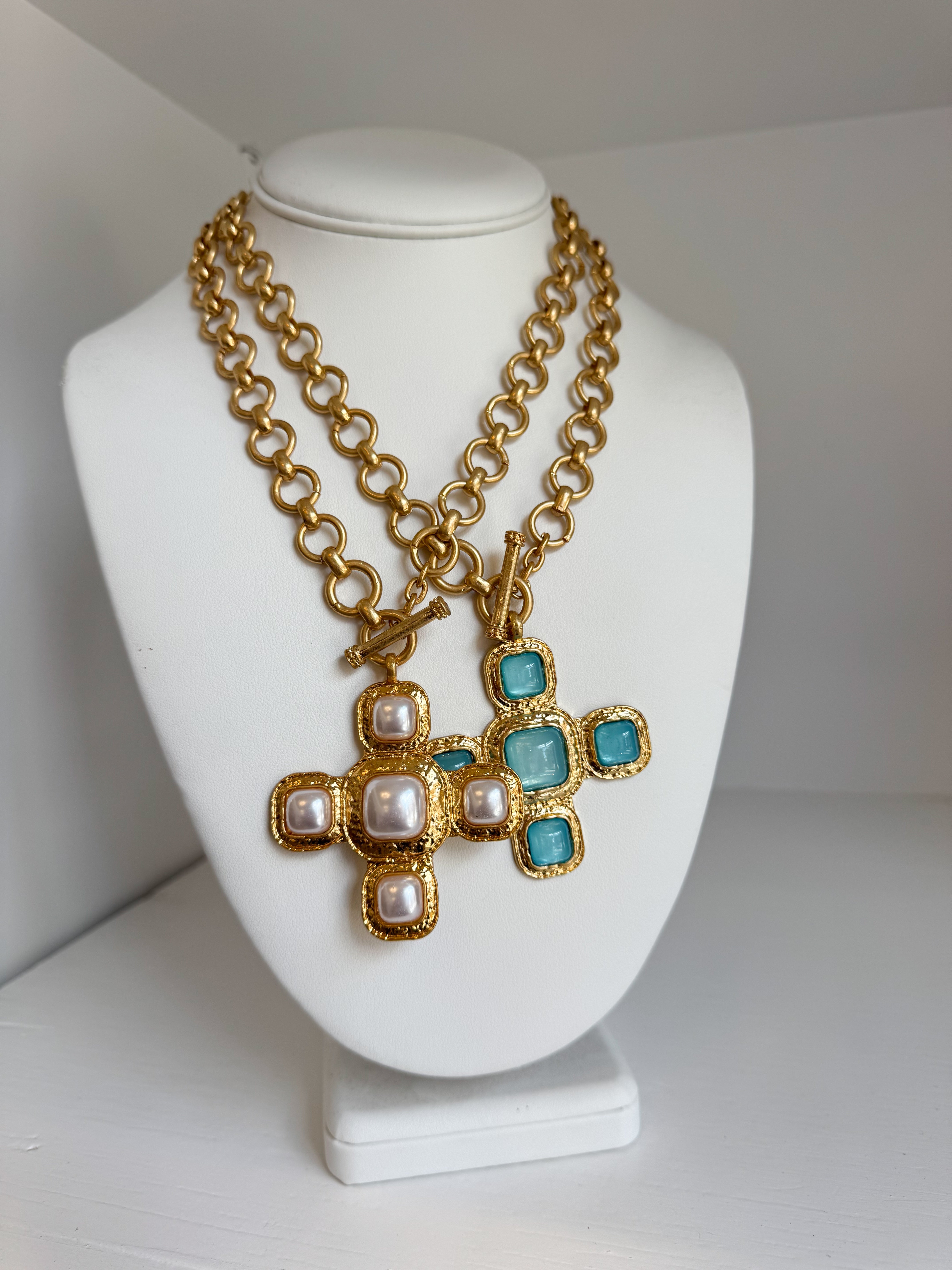 Mia Cross With Stone Toggle Necklace - 2 Colors