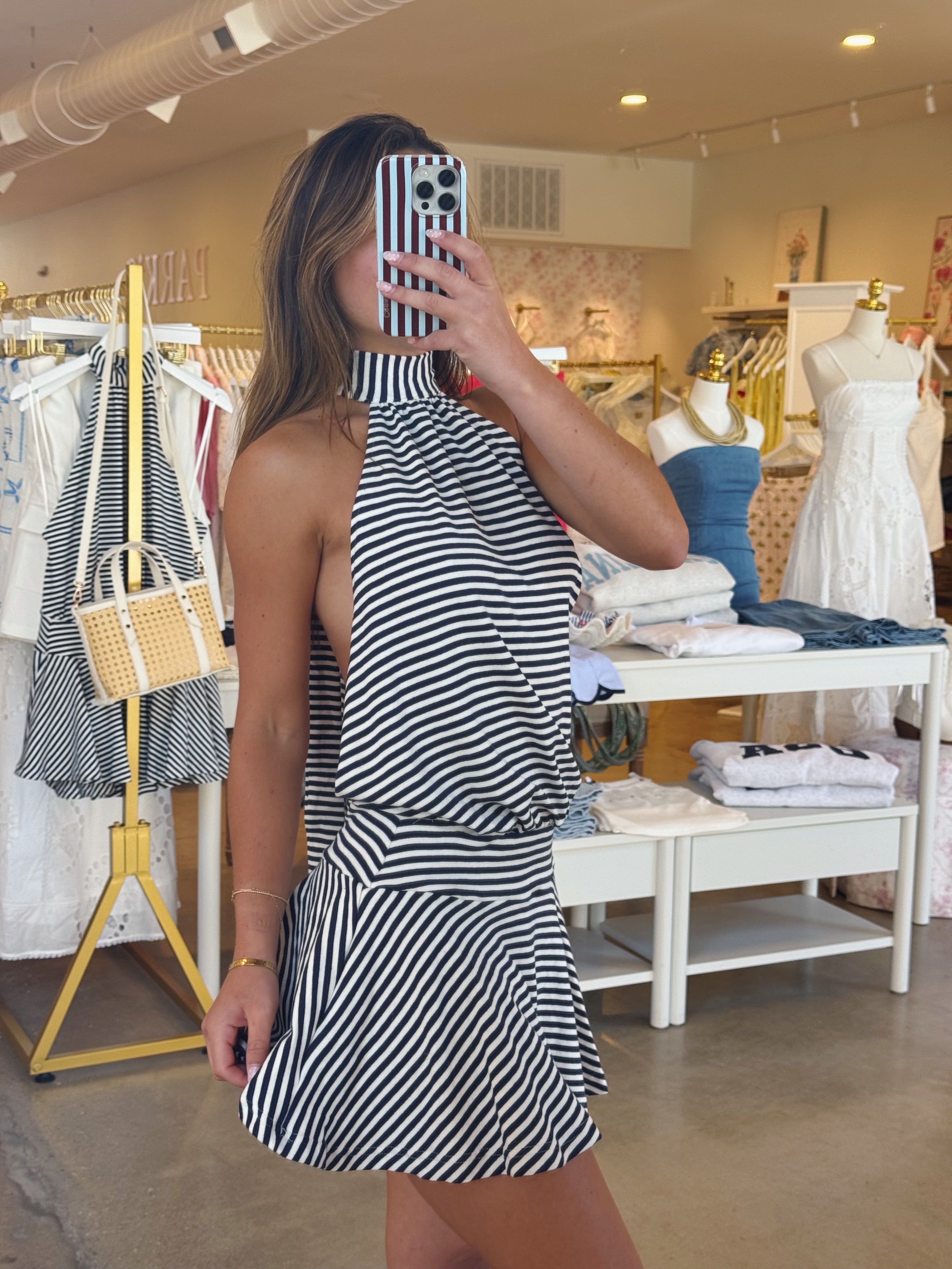 Margot Open Back Mini Dress - Navy Stripe