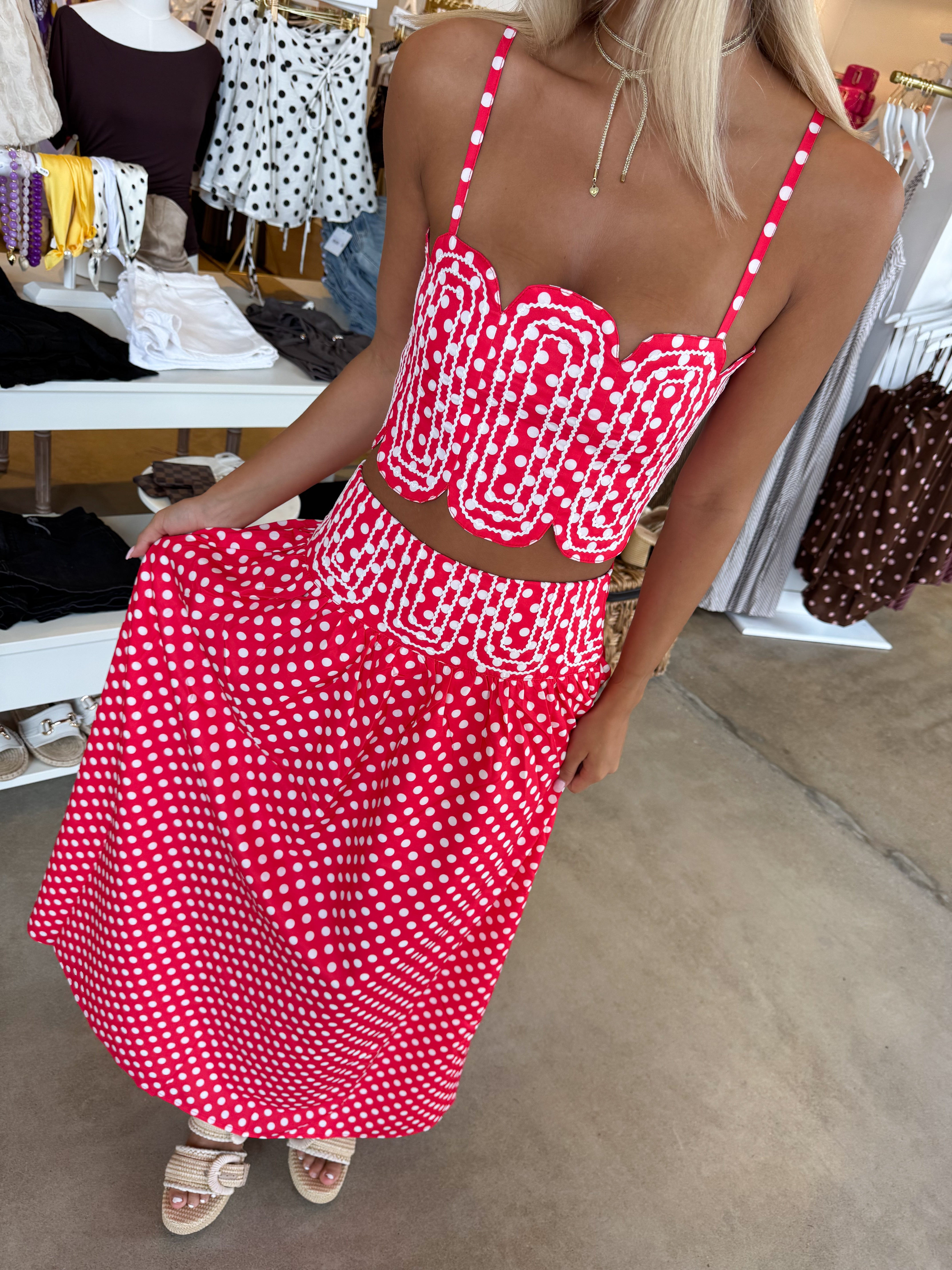 Southern Grace Embroidered Top & Midi Skirt Set - Red/WhitePolka Dot