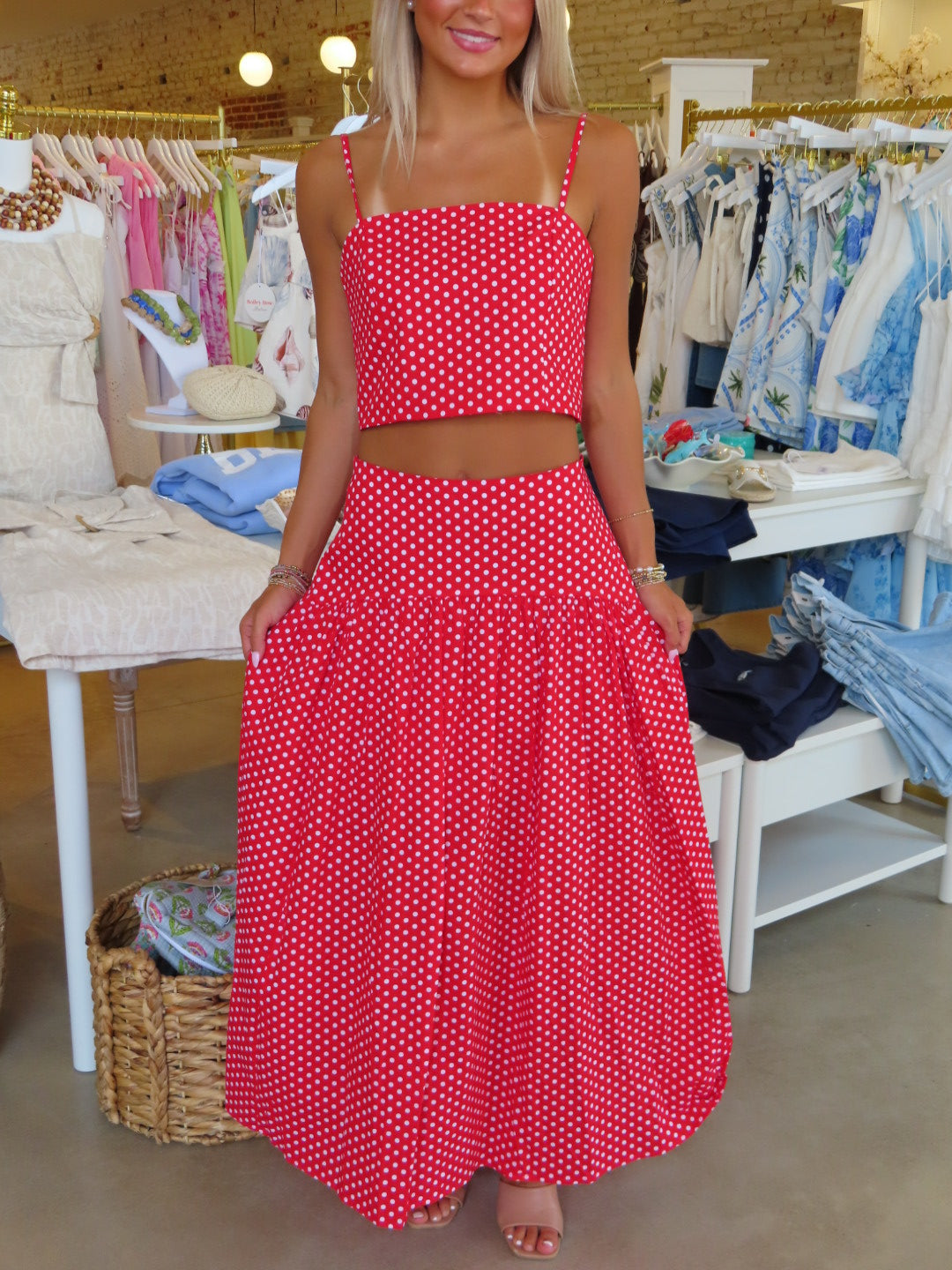 Zoey Top & Midi Skirt Set - Red Polka Dot