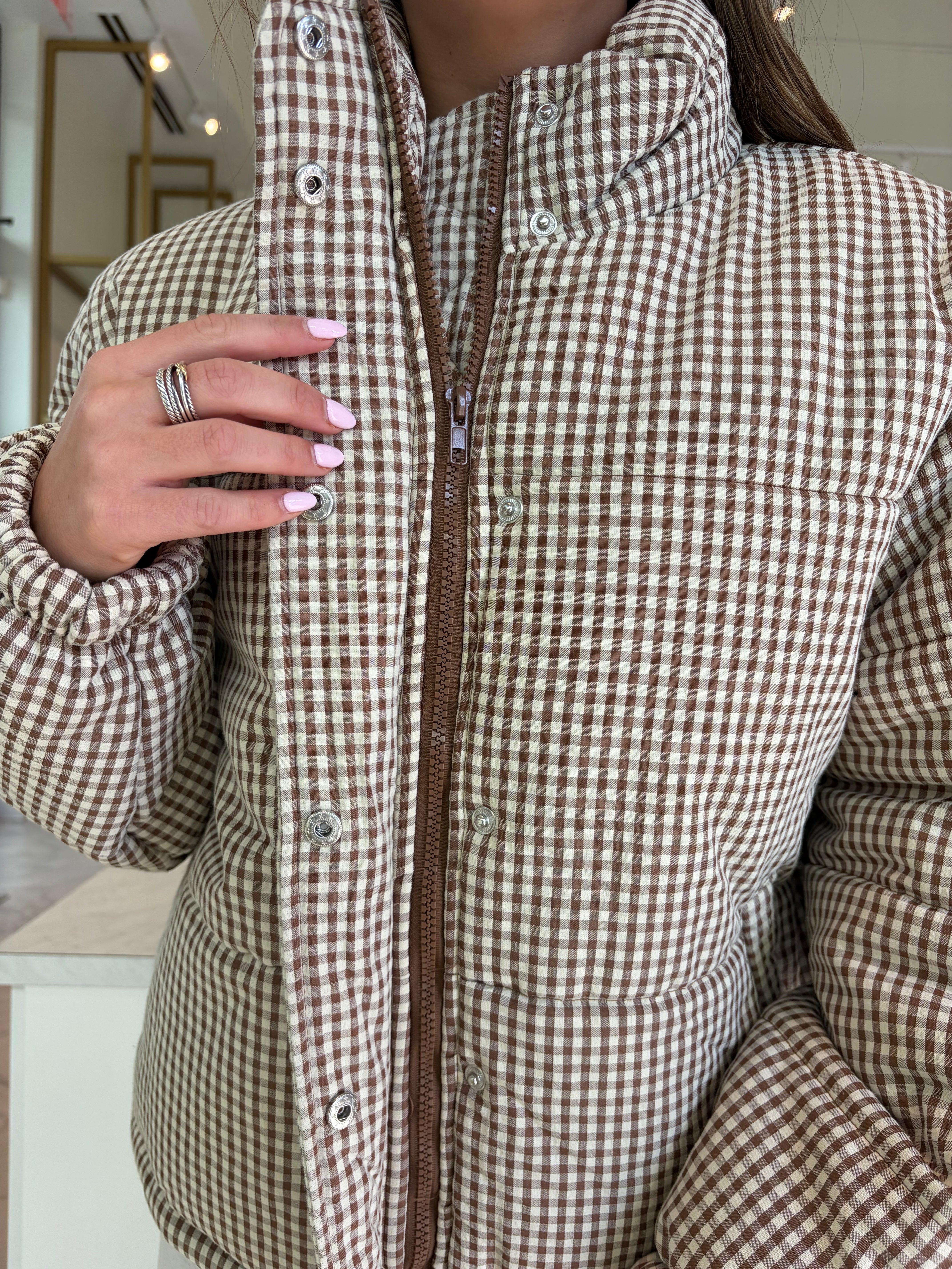 Ginger Puffer Jacket - Brown Gingham