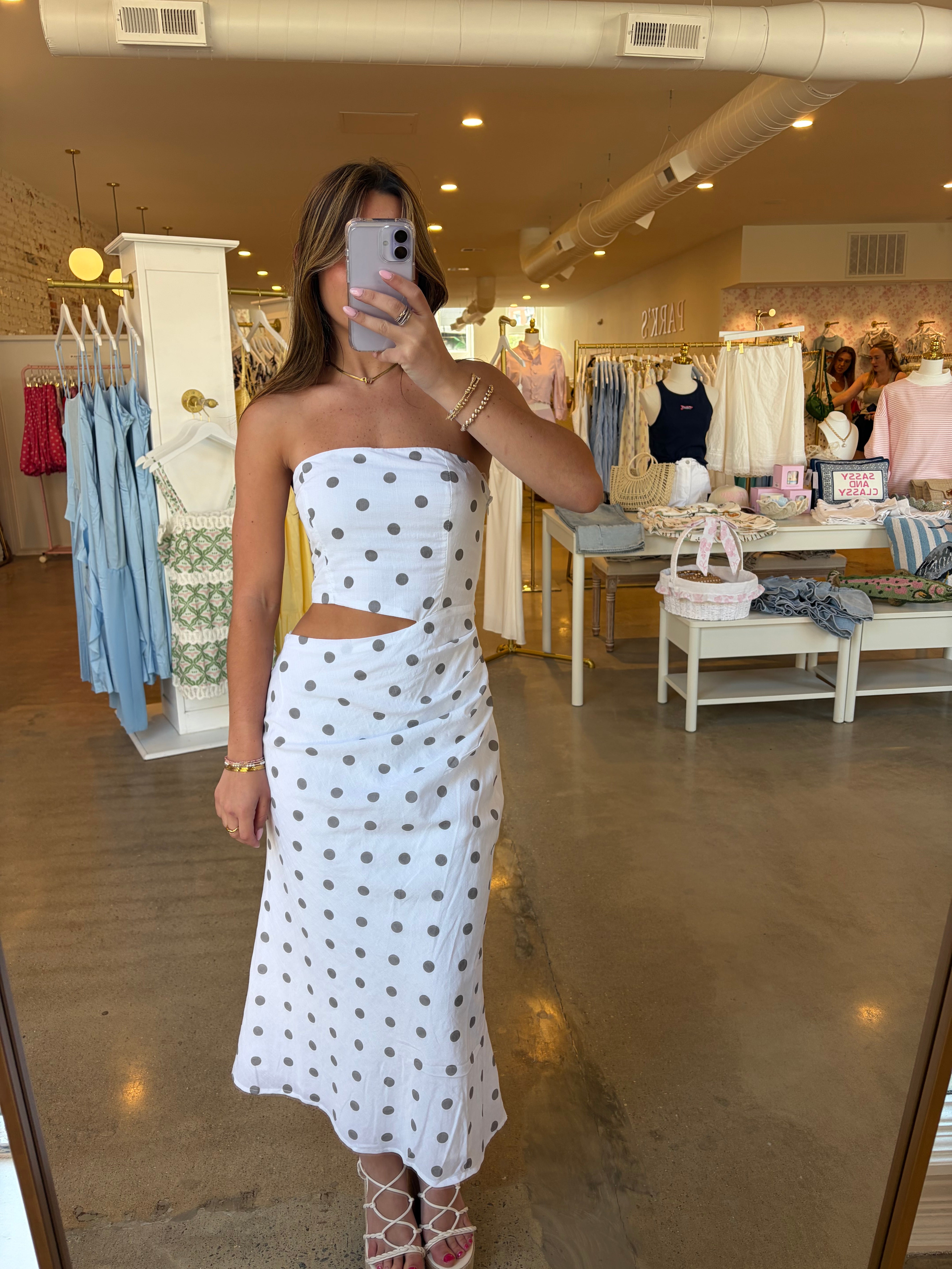 Marybeth Midi Cutout Dress - White Polka Dot