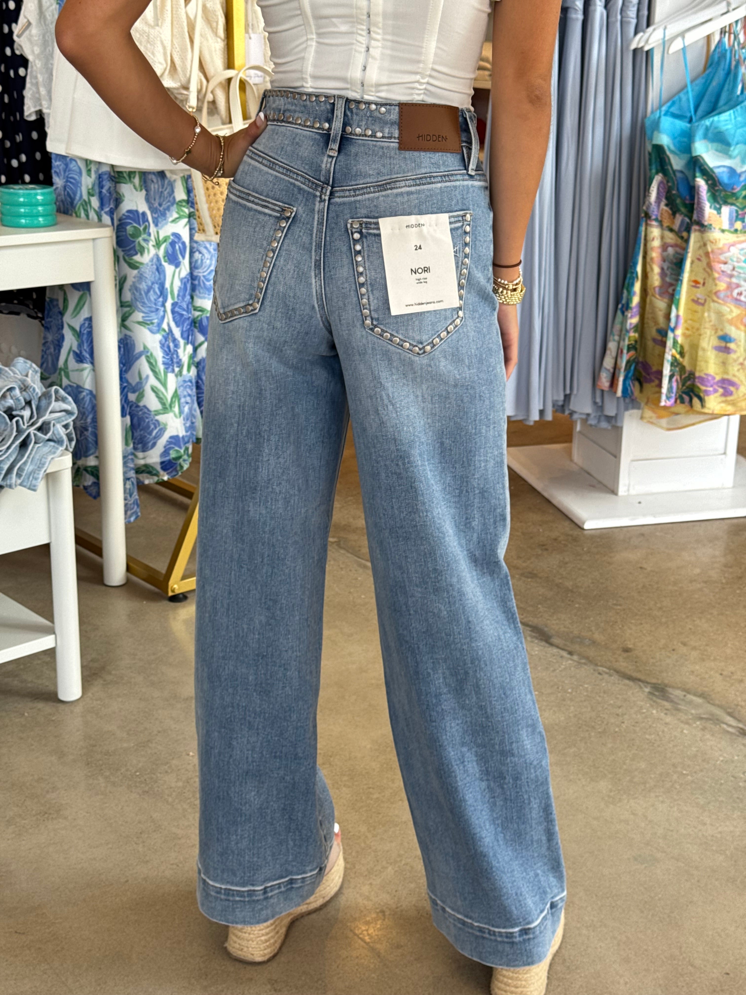 Amelia Studded Wide Leg Denim - Light Wash - Hidden Jeans