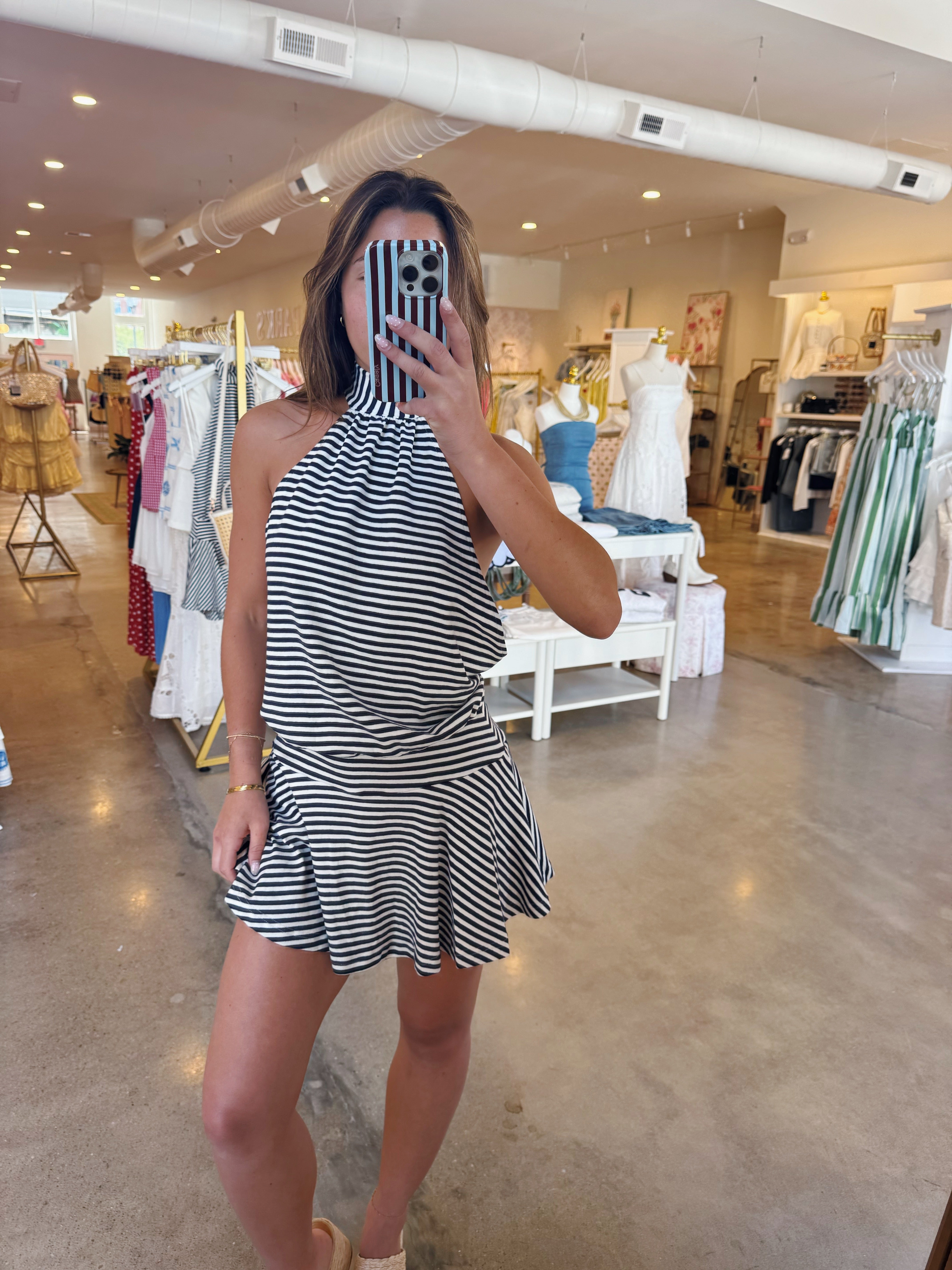 Margot Open Back Mini Dress - Navy Stripe