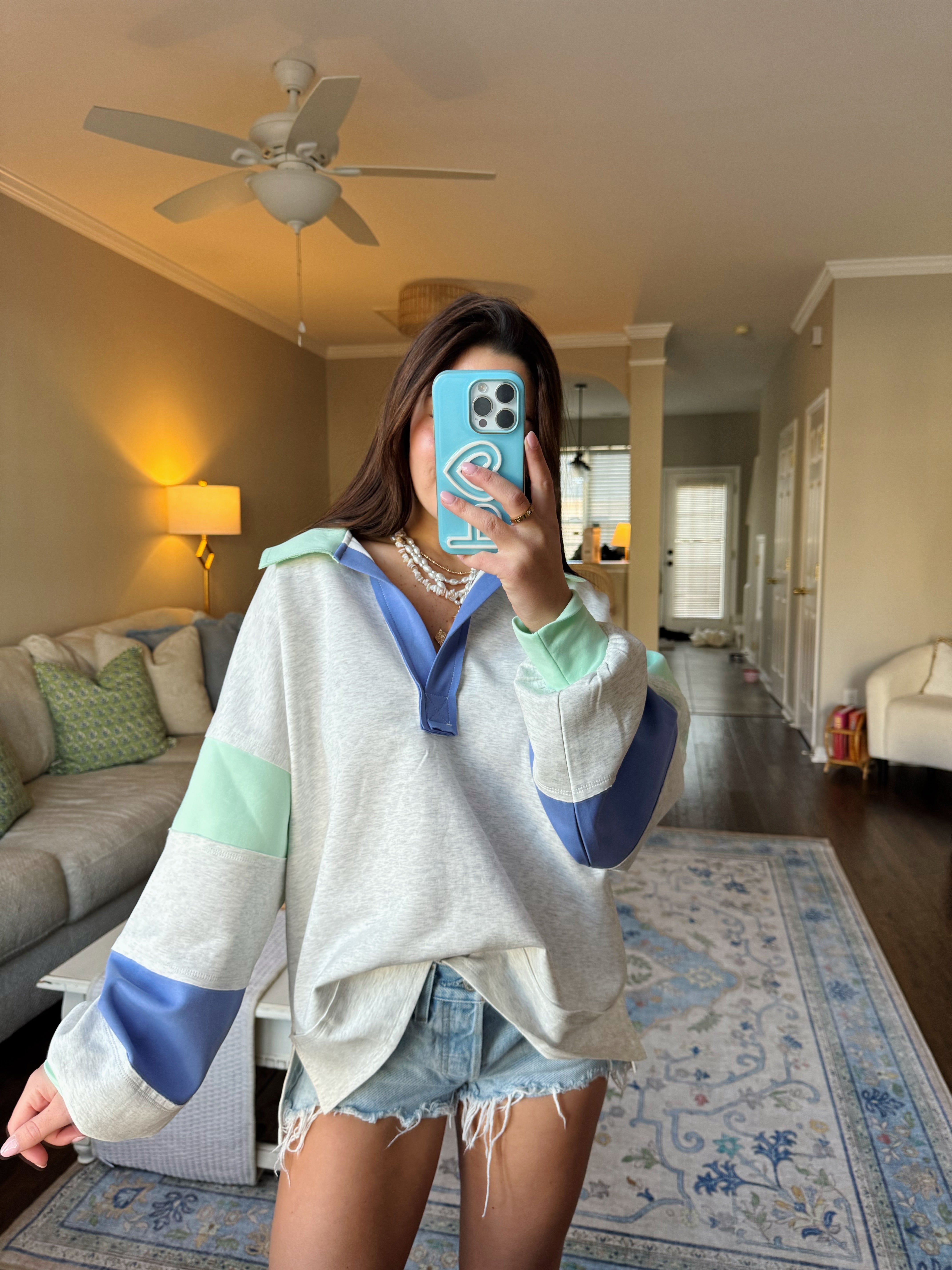 Bailey Oversized Sweatshirt Top - Grey & Mint