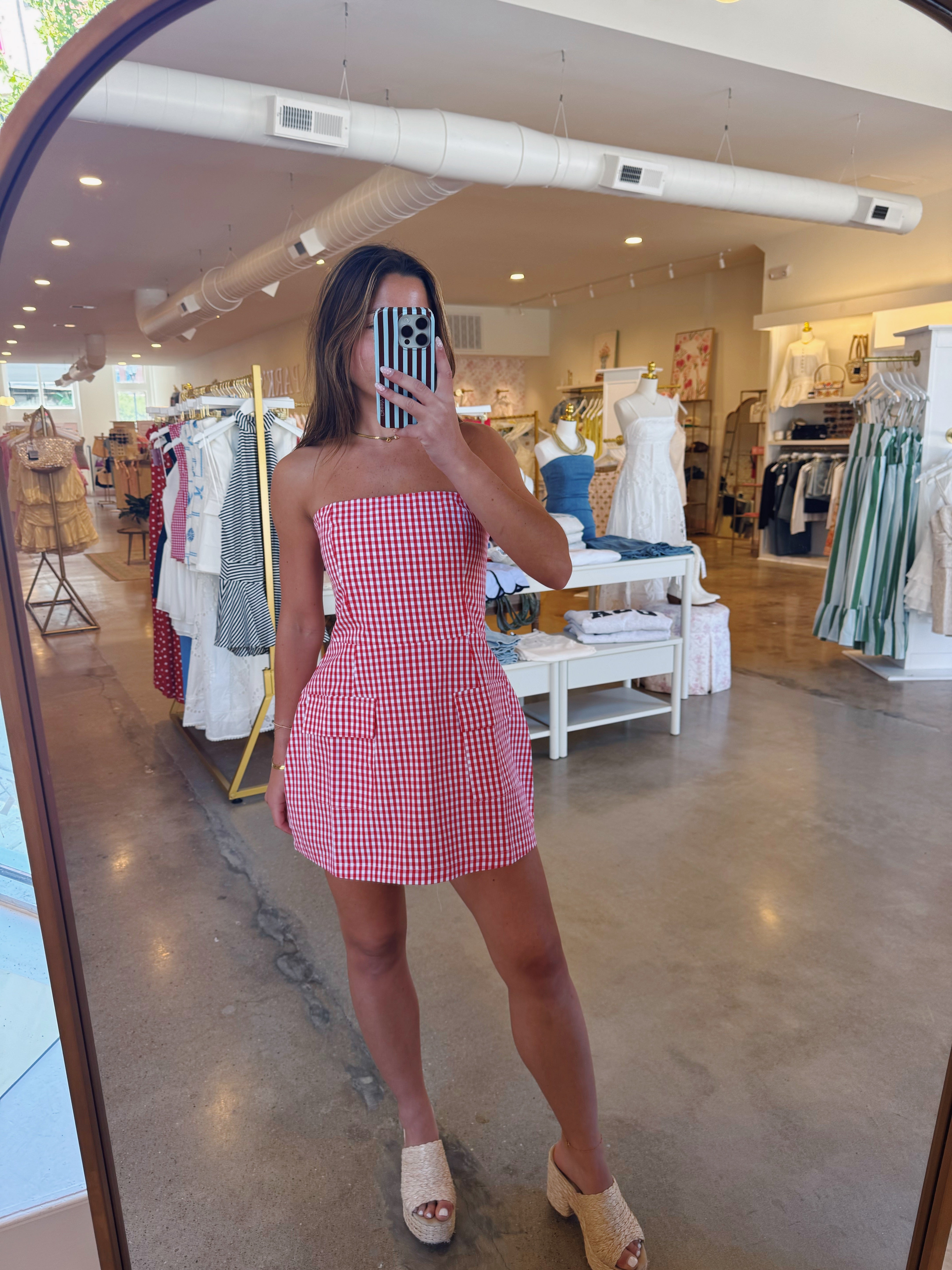 Firecracker Front Pockets Mini Dress - Red Gingham