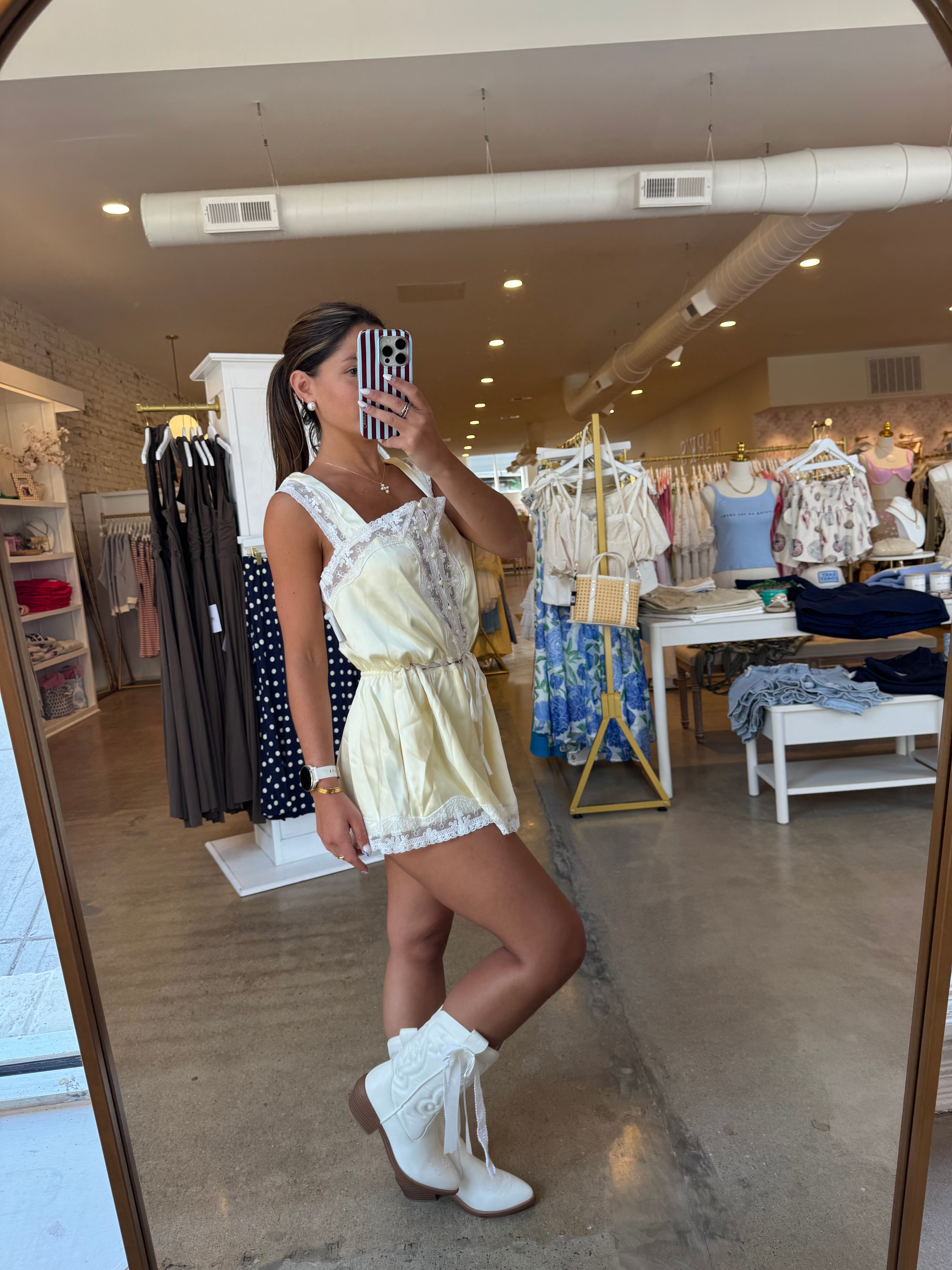 Gracie Satin Lace Trim Romper - Pale Yellow