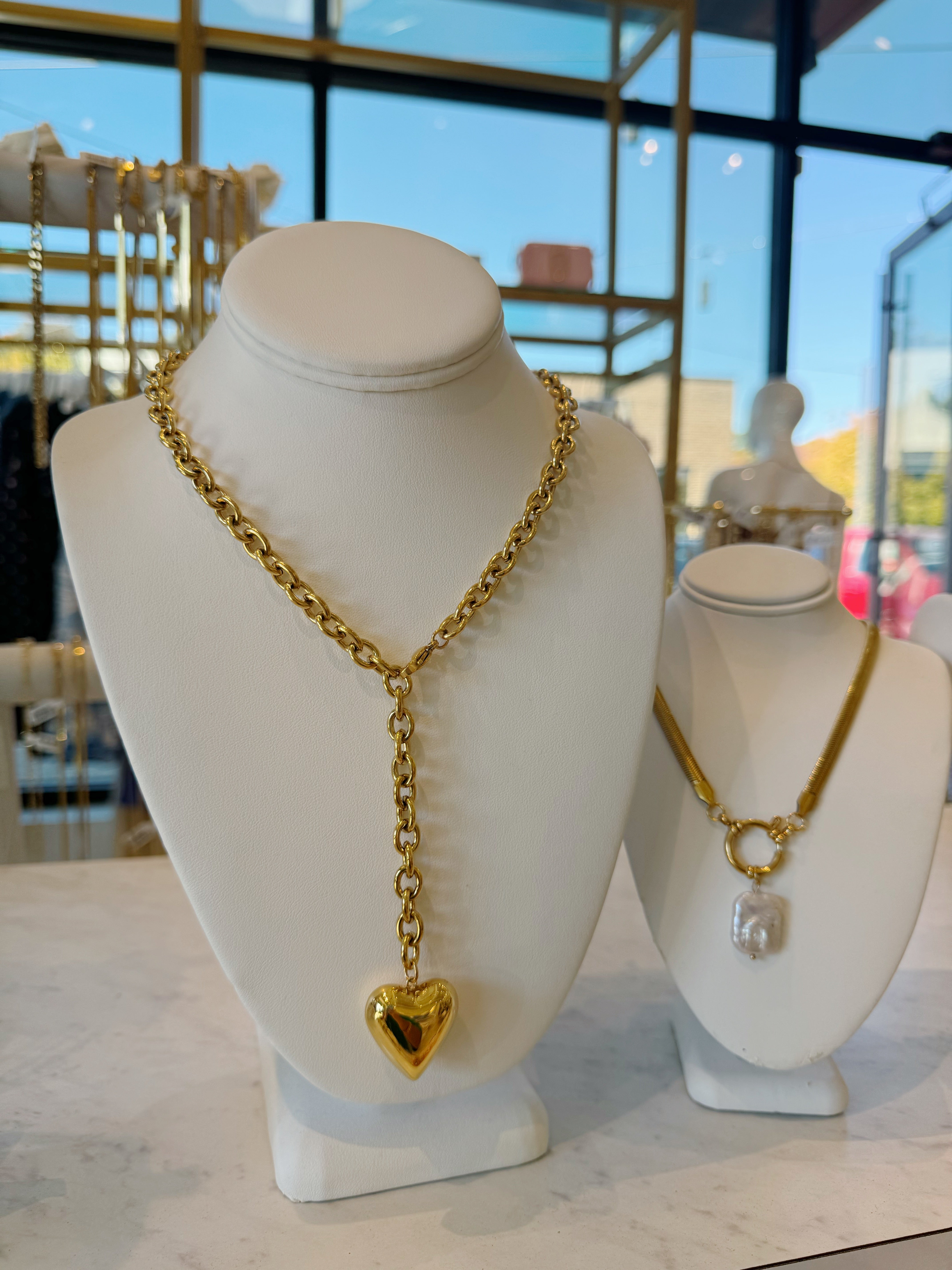 Chain Heart Drop Necklace - Gold - Water Resistant