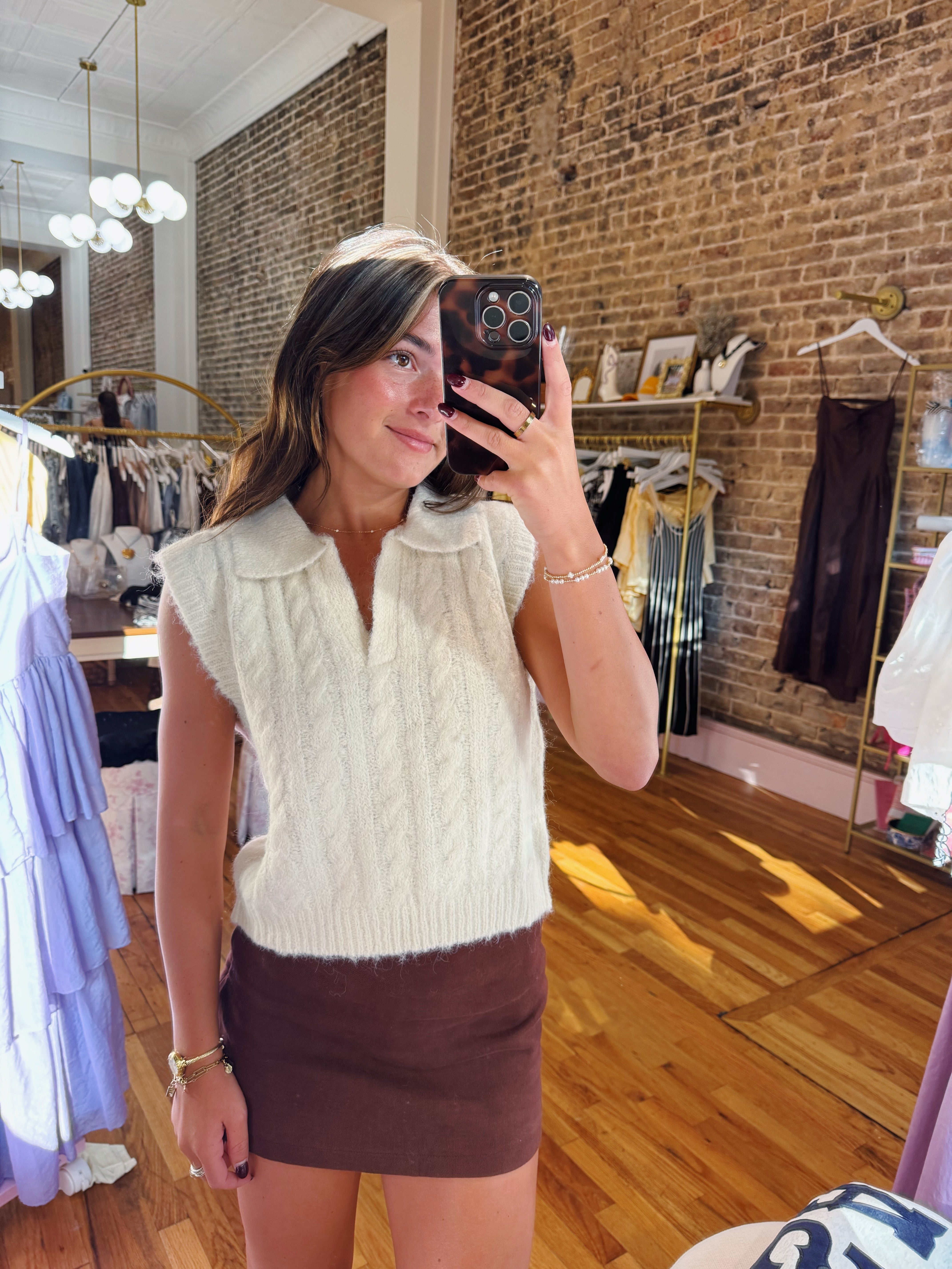 Ciera Fuzzy Collared Vest Top - Ivory