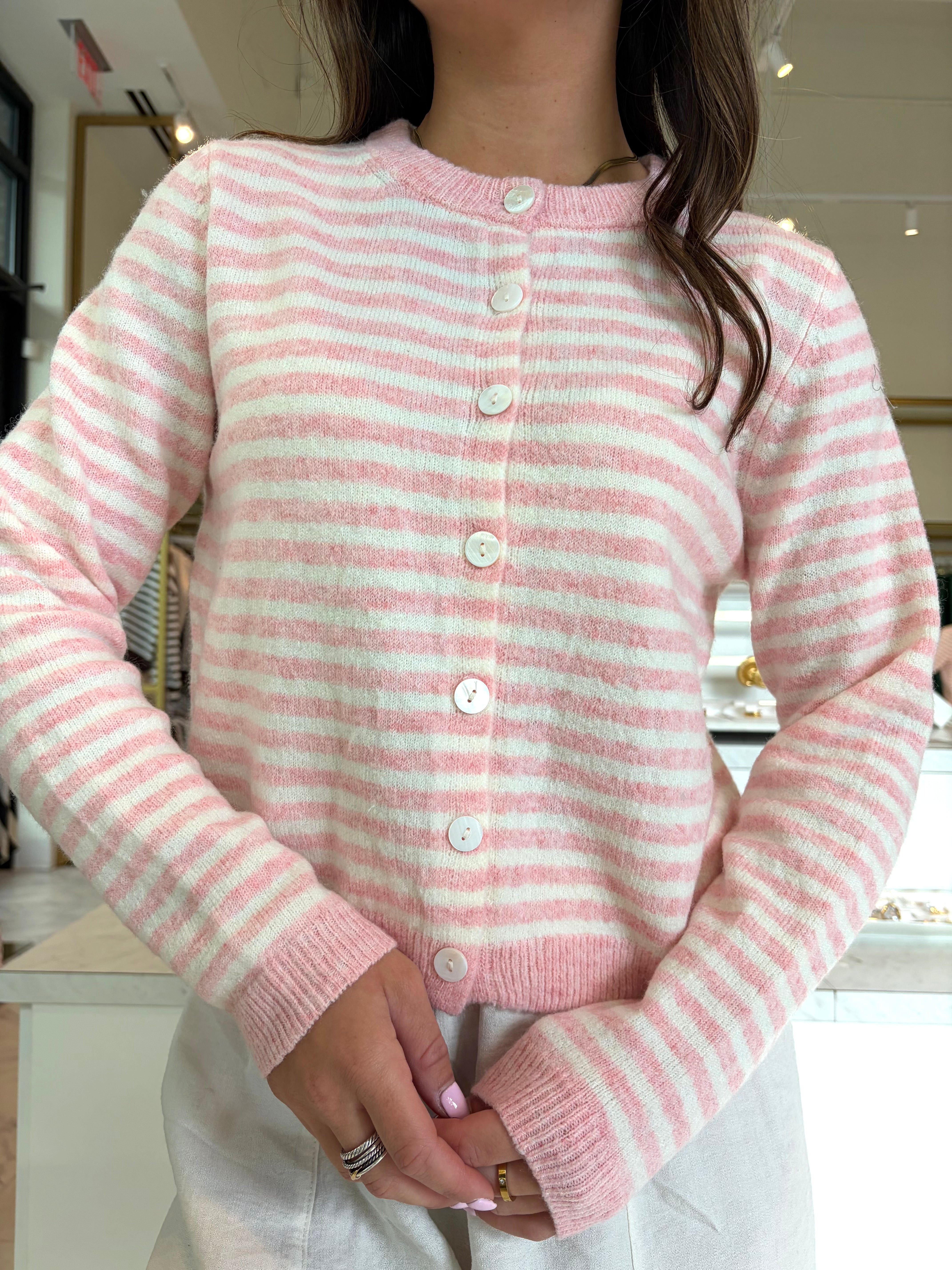 Millie Striped Cardigan Sweater - Light Pink