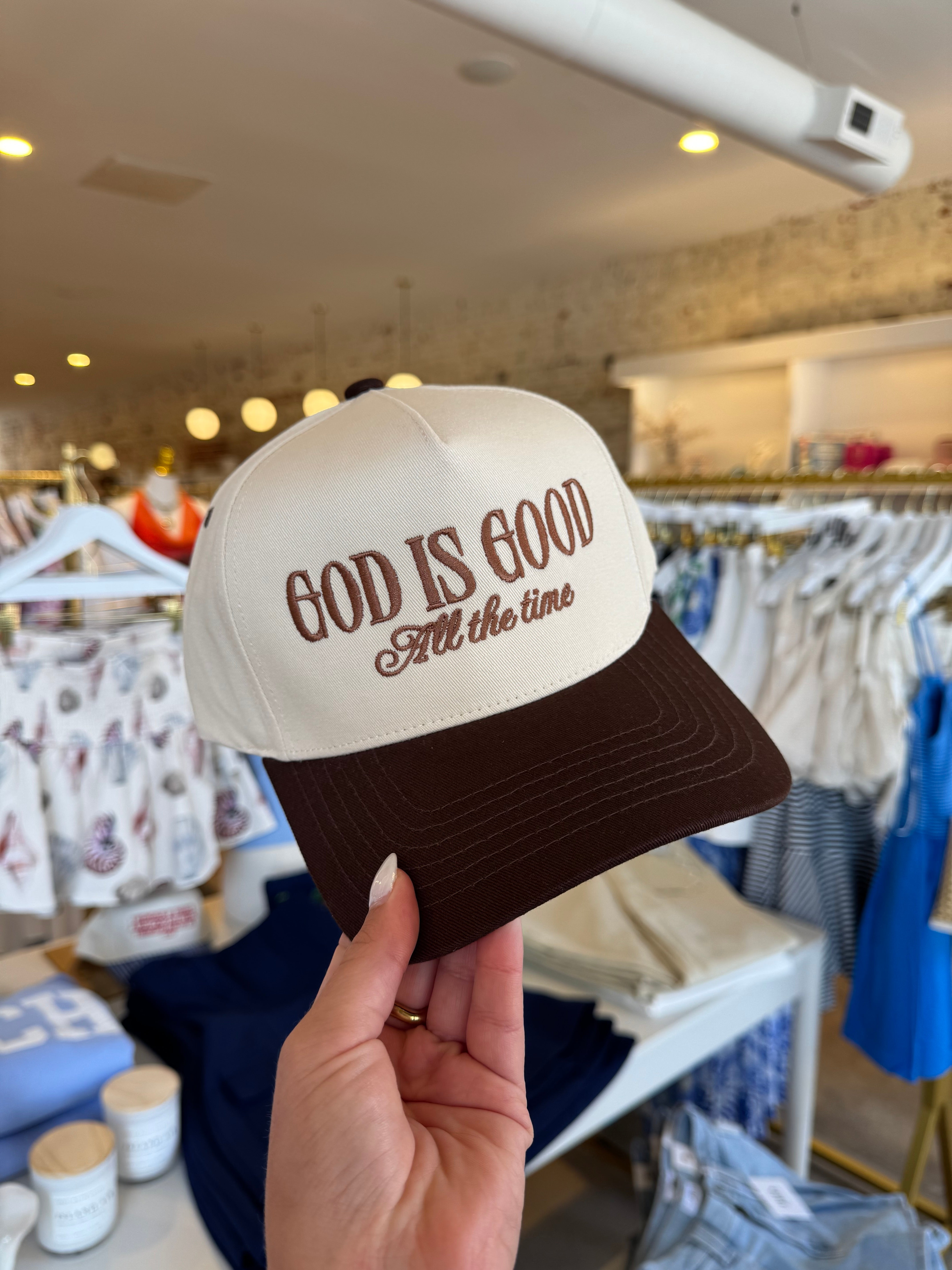 God Is Good All The Time Embroidered Trucker Hat - Brown