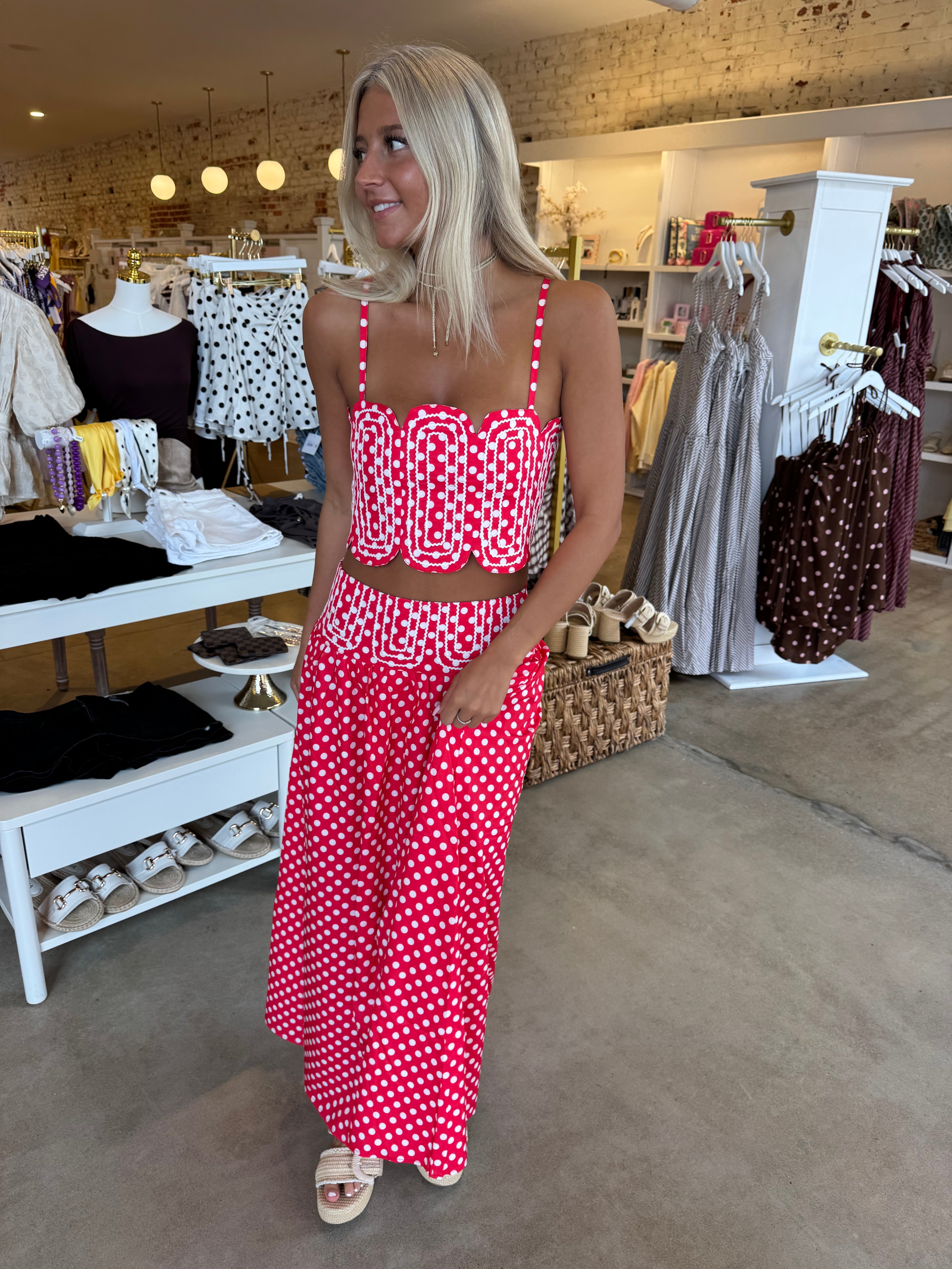 Southern Grace Embroidered Top & Midi Skirt Set - Red/WhitePolka Dot