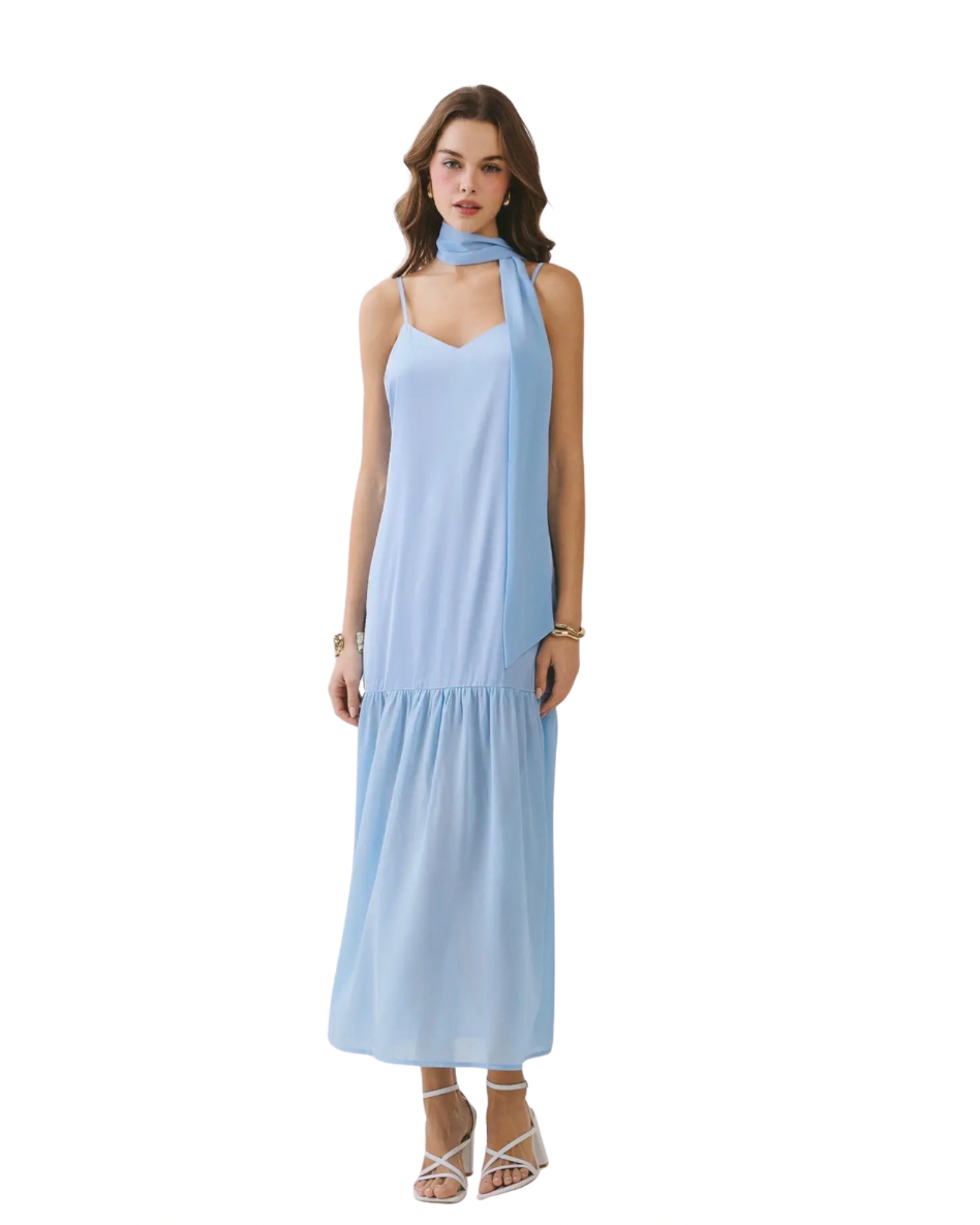 Karley Chiffon Scarf Accent Maxi Dress - Light Blue