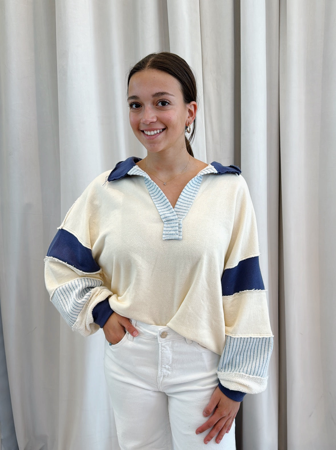 Coastal Breeze Loose Fit Sweatshirt Top - Cream/Blue