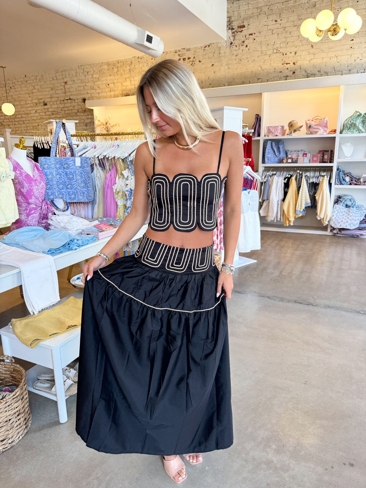 Southern Grace Embroidered Top & Midi Skirt Set - Black/Gold
