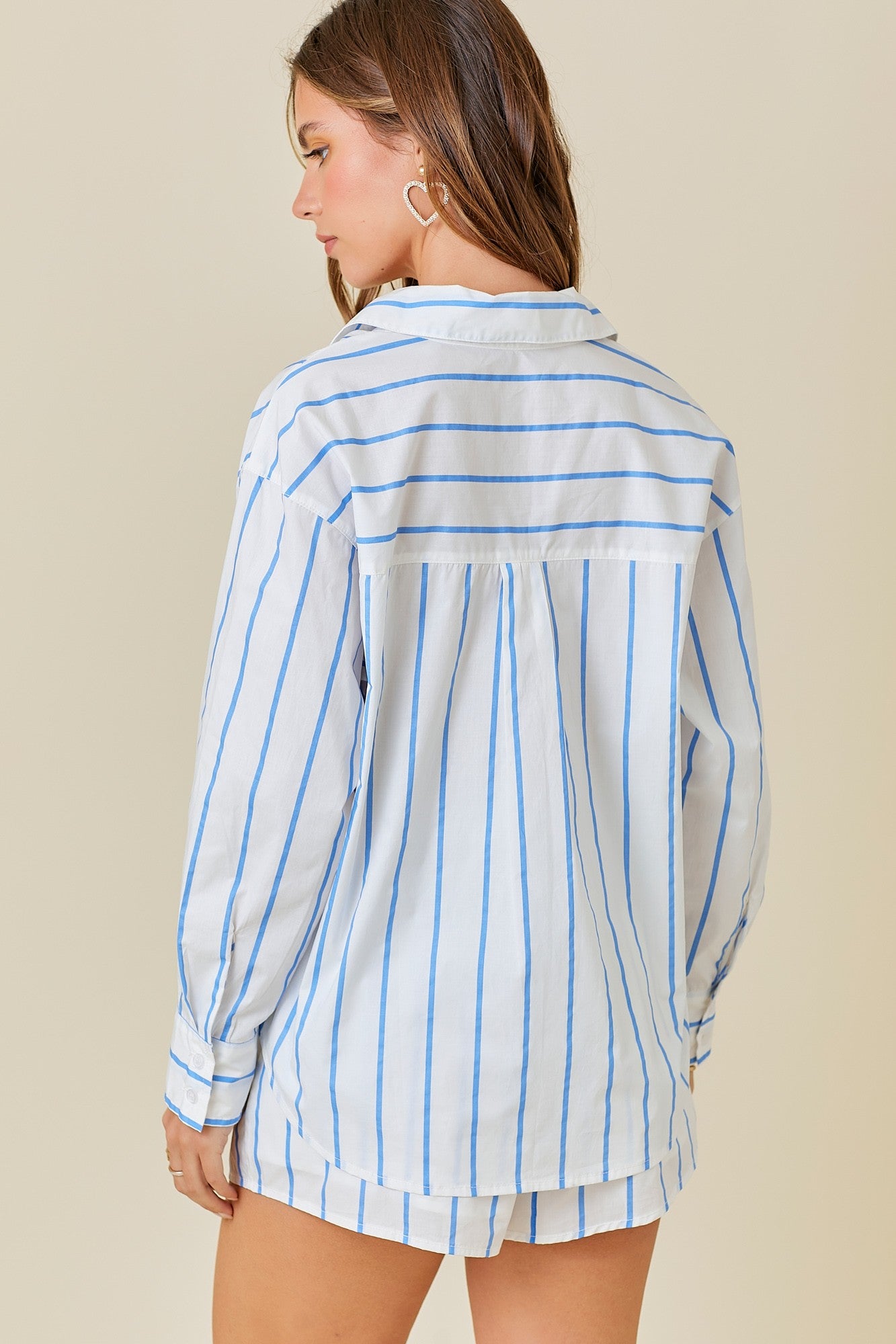 Kallie Striped Poplin Loose Fit Button Down Shirt - White/Blue