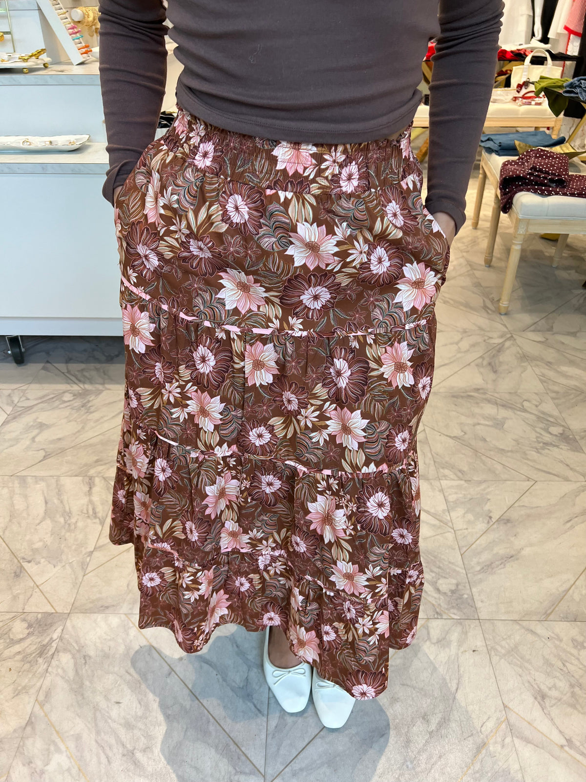 Fall Fables Maxi Skirt - Brown Floral