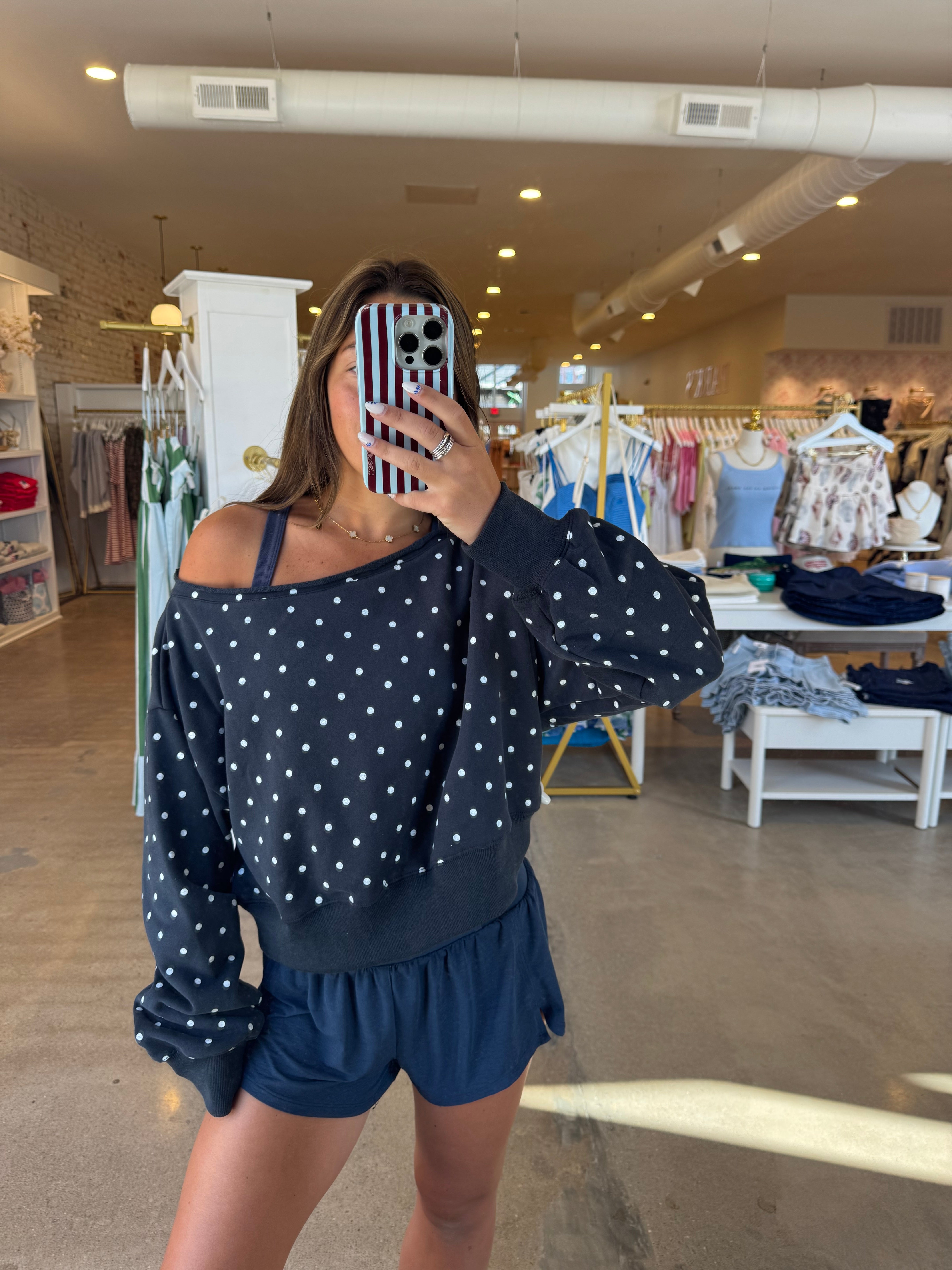 Reese Off Shoulder Sweatshirt - Navy Polka Dot