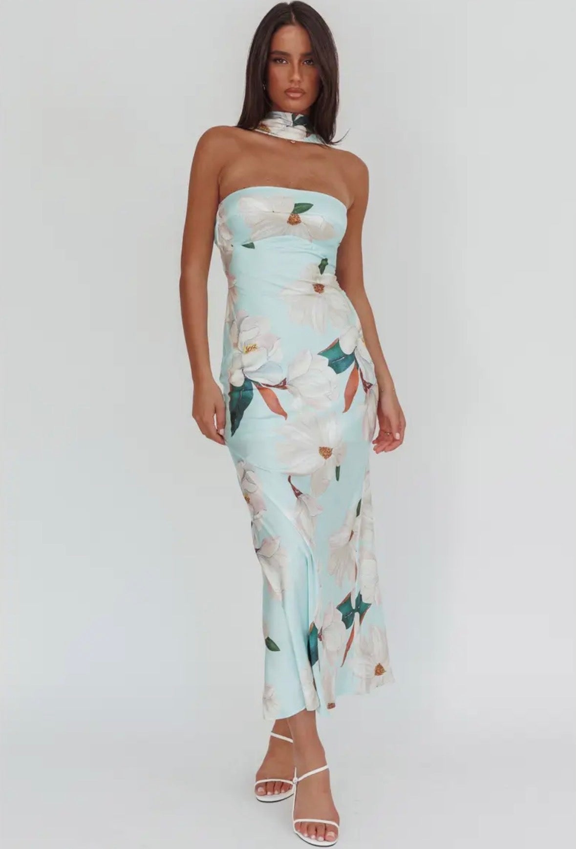 Garden Of Eden Satin Long Dress - Blue Floral