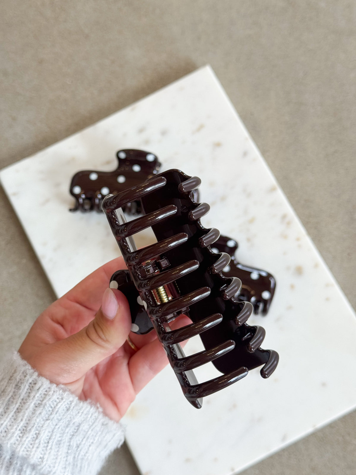Polka Dot Rectangle Hair Claw - Brown