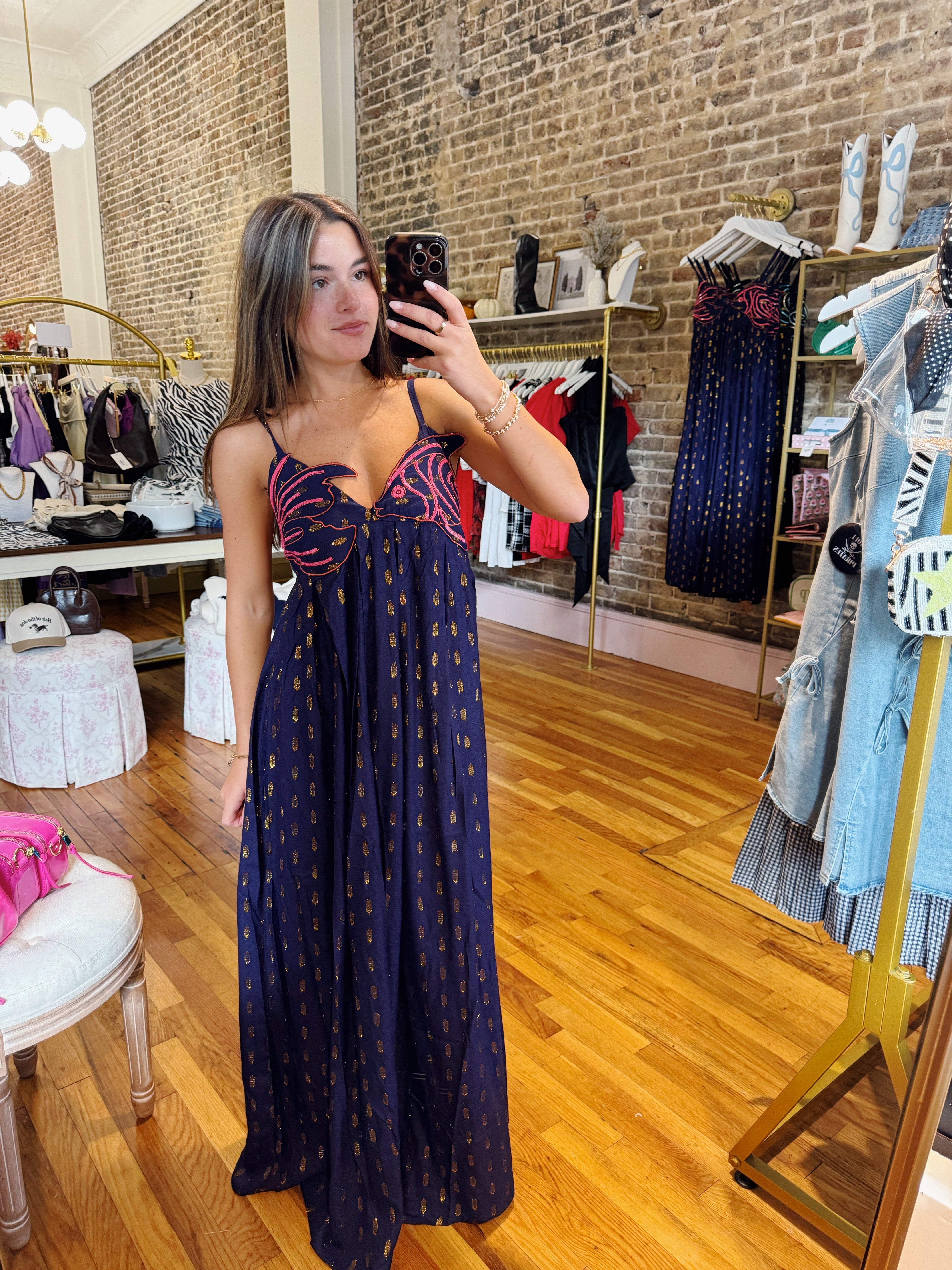 Browfin Fish Embellished Lurex Dress - Navy & Pink