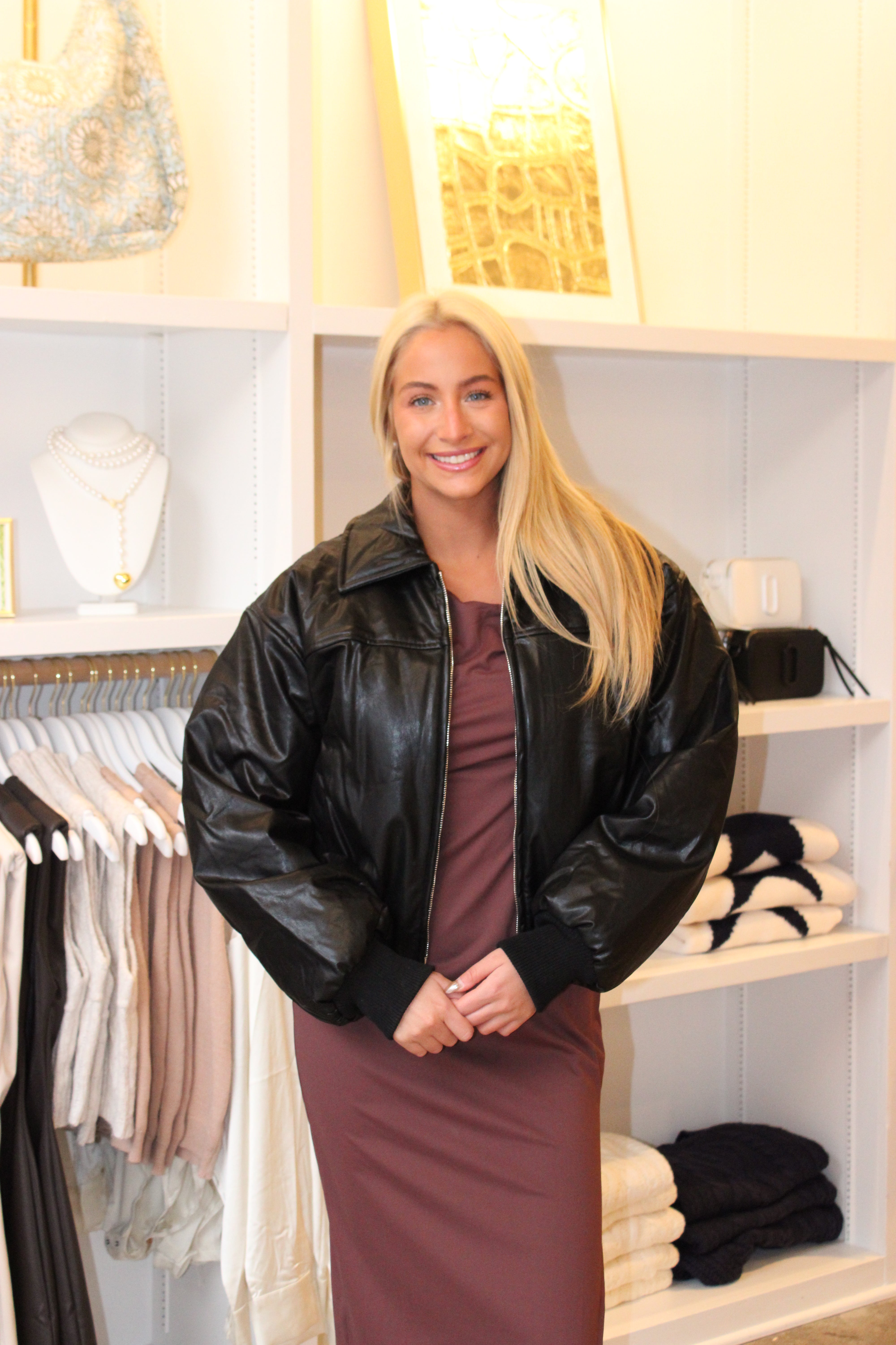 Gemma Leather Bomber Jacket - Black