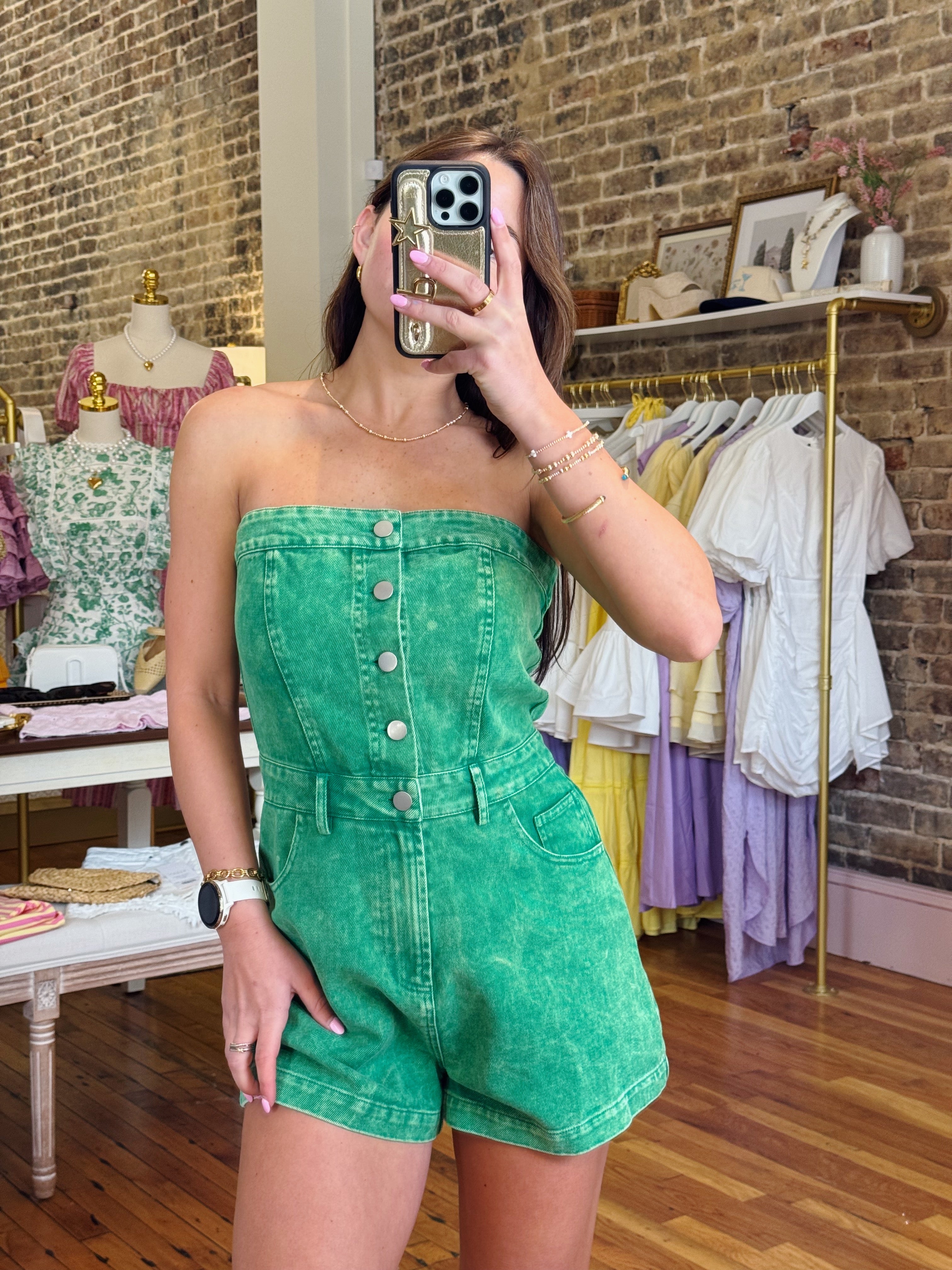 Lucky Me Denim Romper - Green