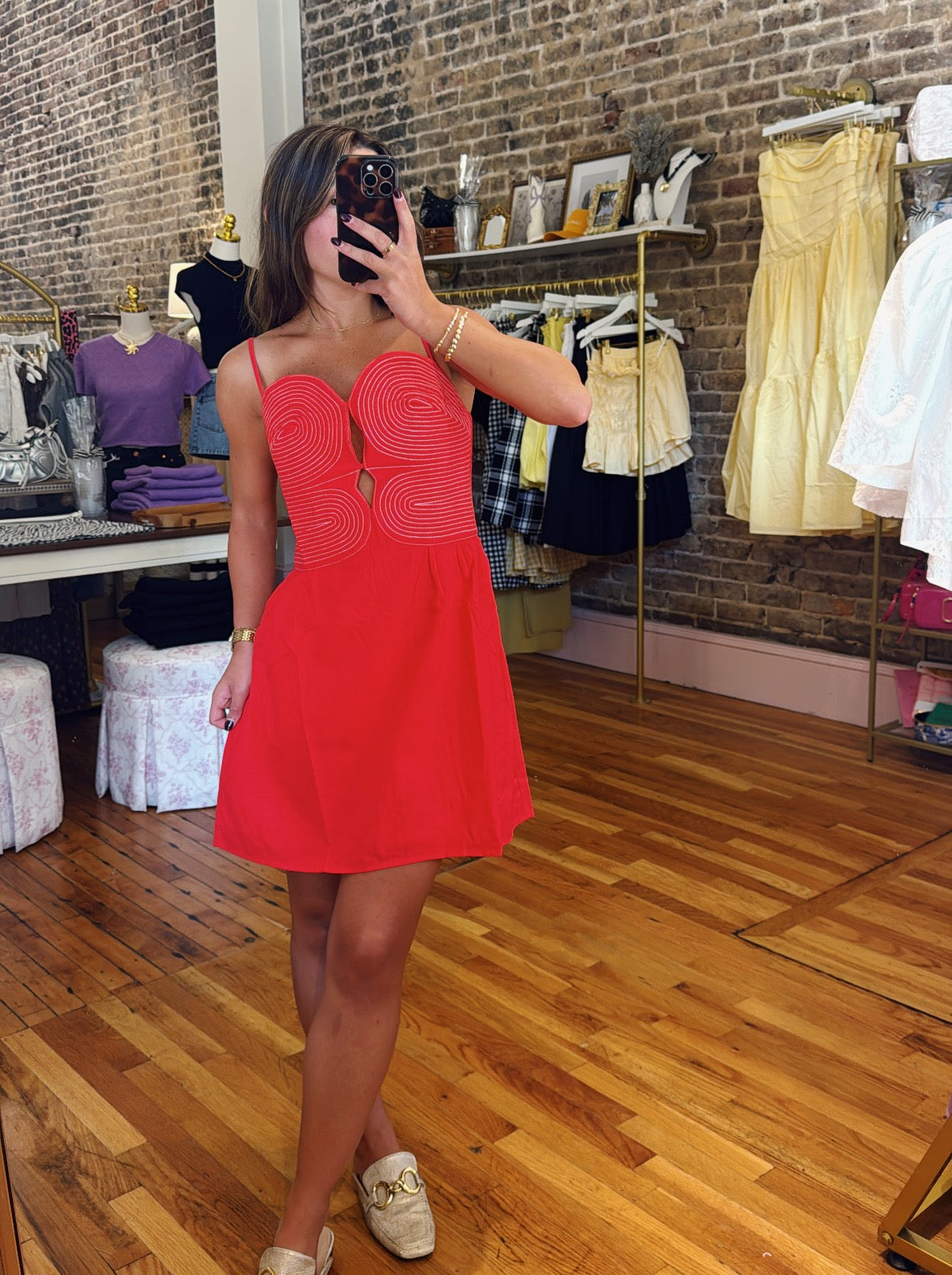 Clarissa Embroidered Mini Dress - Red