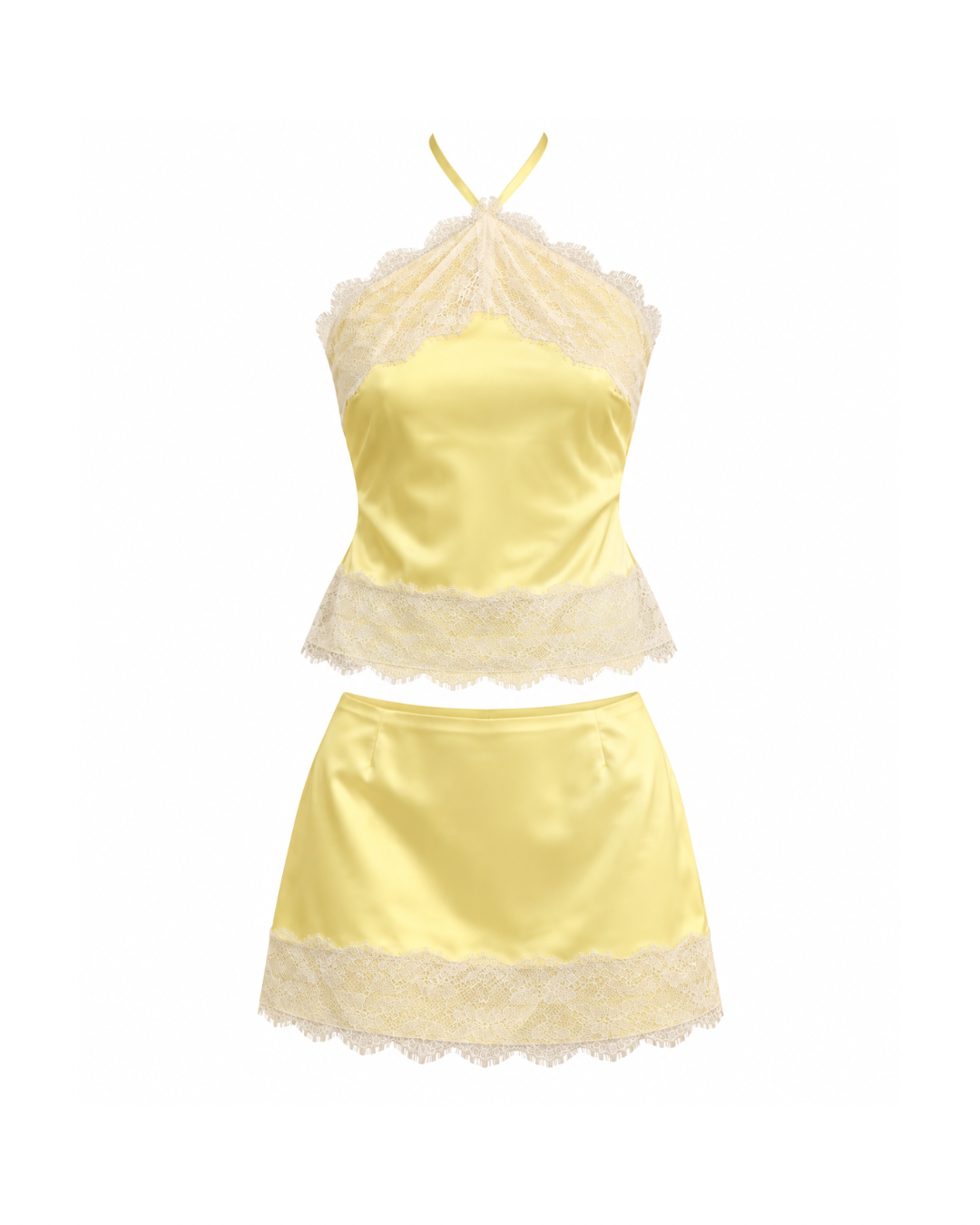 Midnight Muse Satin Lace Set - Butter Yellow