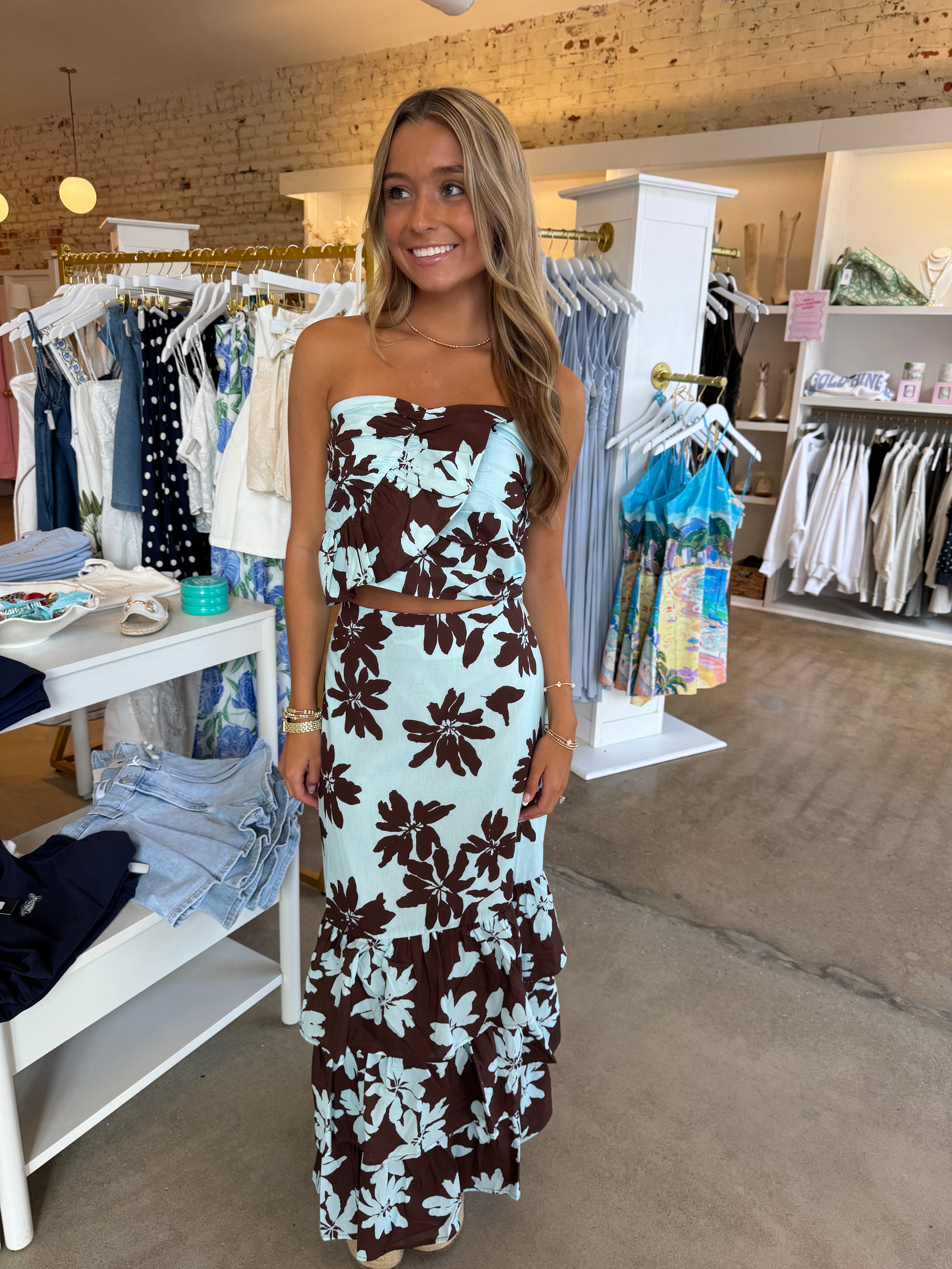 Samantha Floral Top & Midi Skirt Set - Brown & Blue