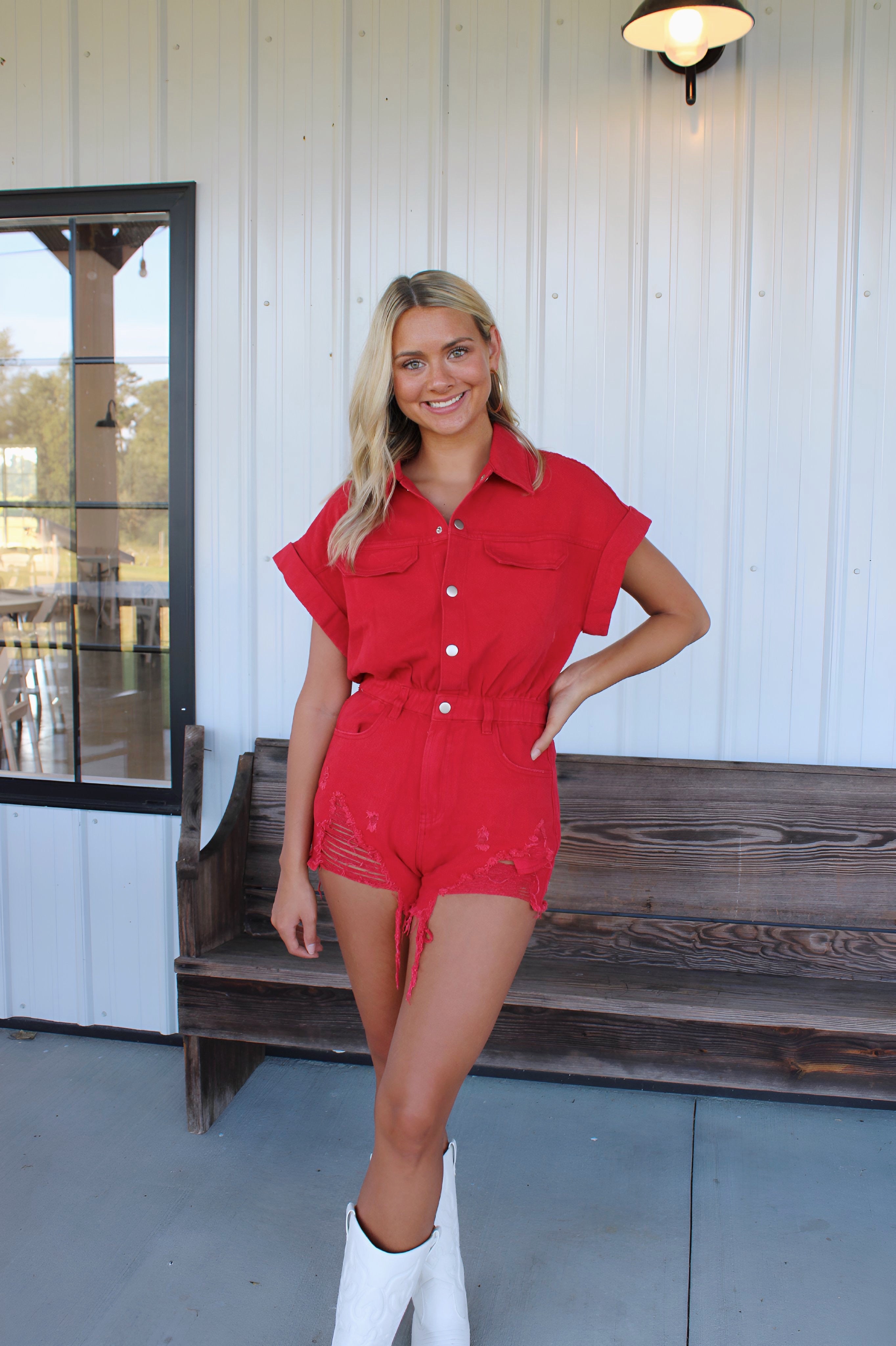 Carter Denim Romper - Red