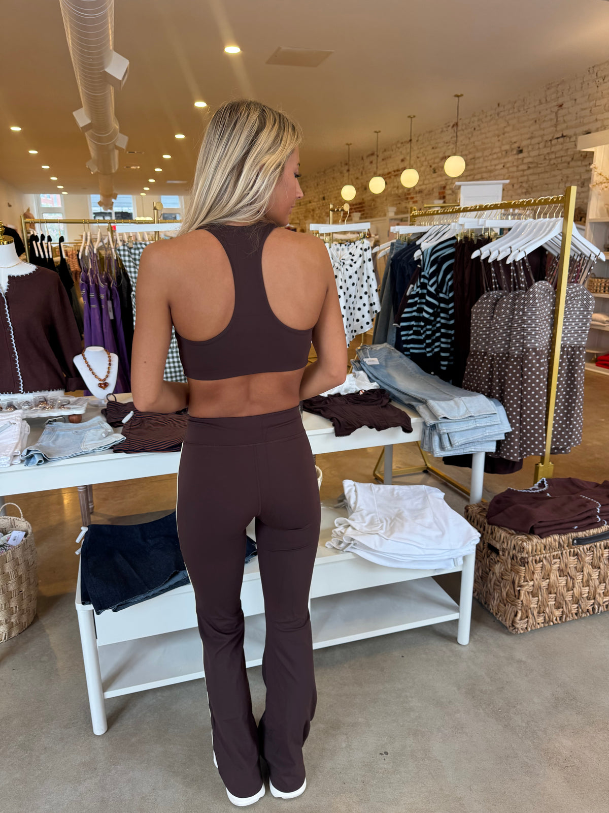 Fast Track Active Bra & Flare Leggings Set - Brown & Butter Cream Combo
